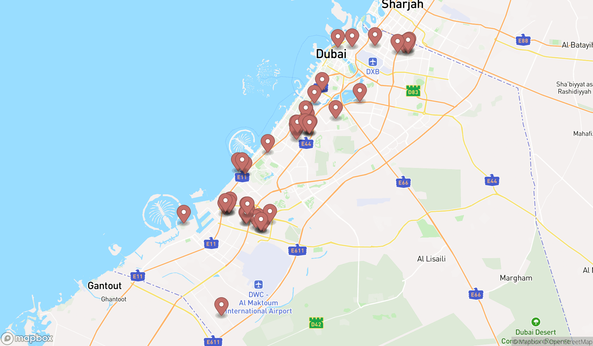 Map showing the search results in Dubai