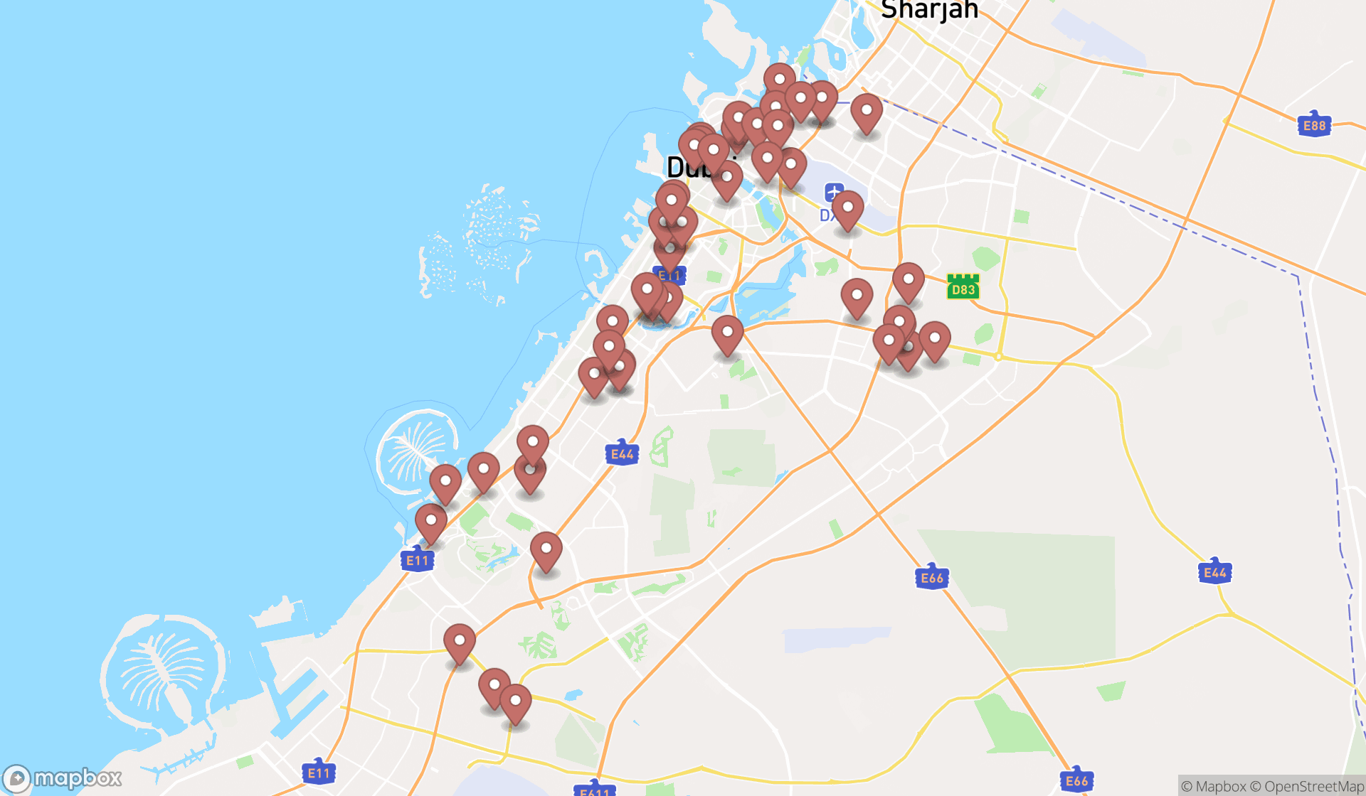 Map showing the search results in Dubai