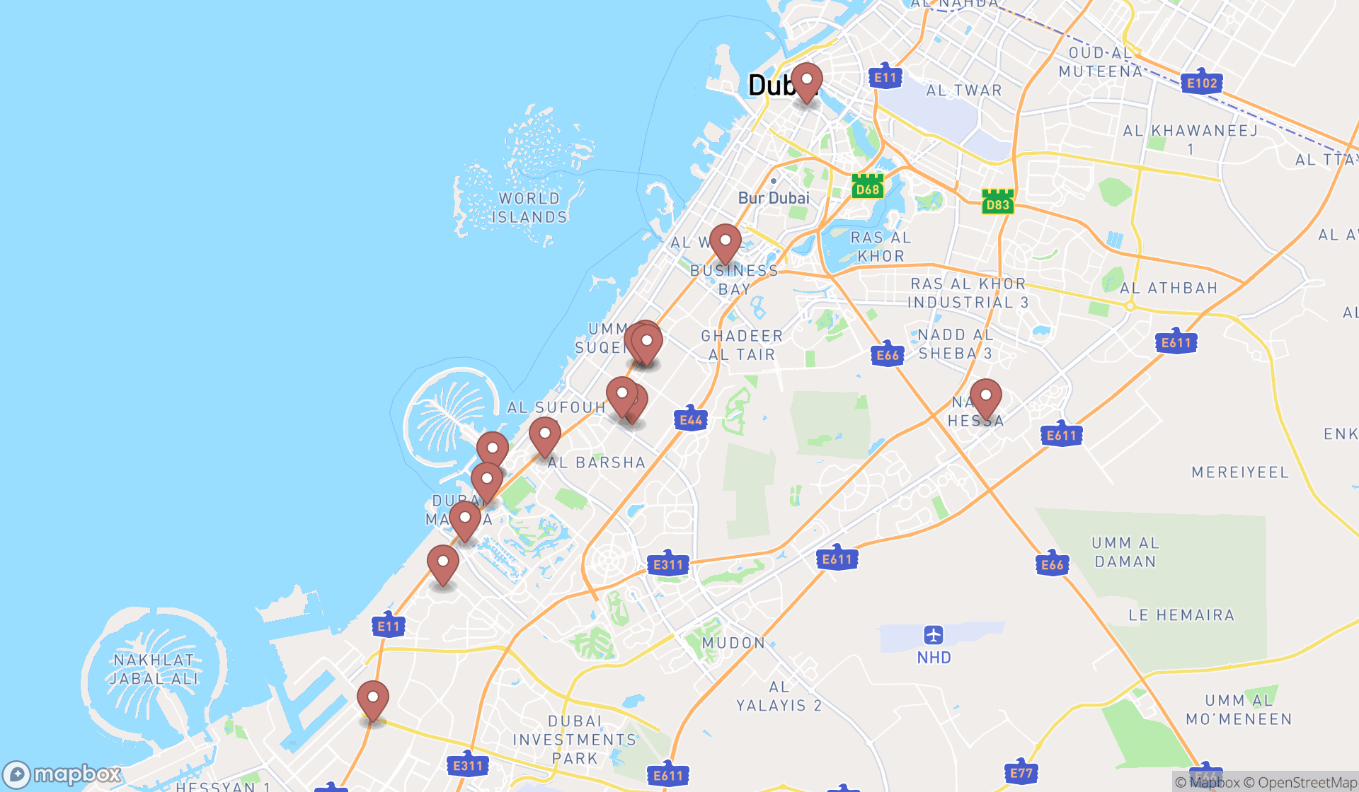 Map showing the search results in Dubai