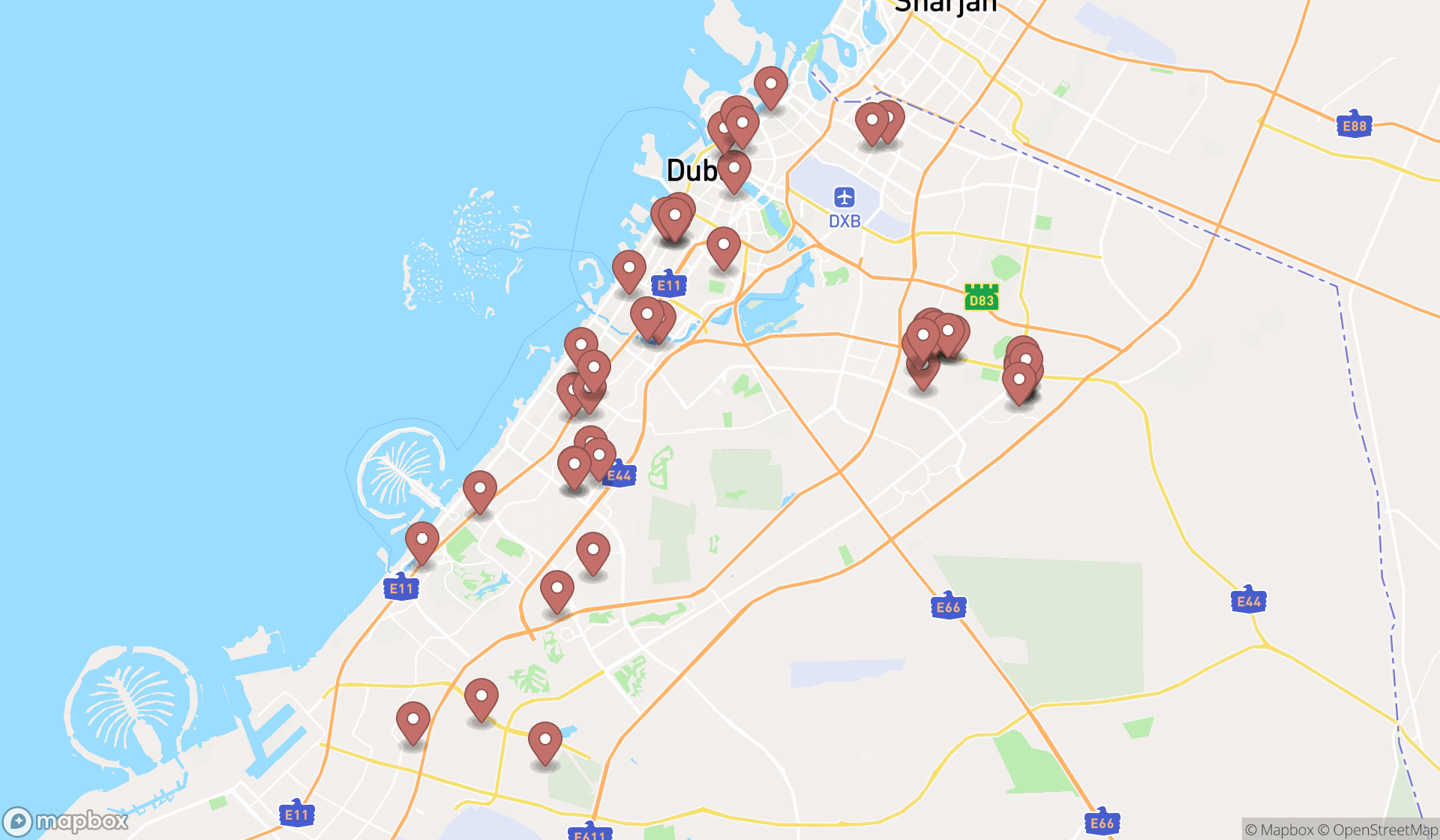 Map showing the search results in Dubai