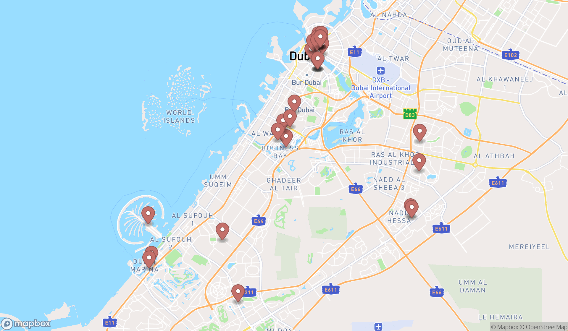Map showing the search results in Dubai