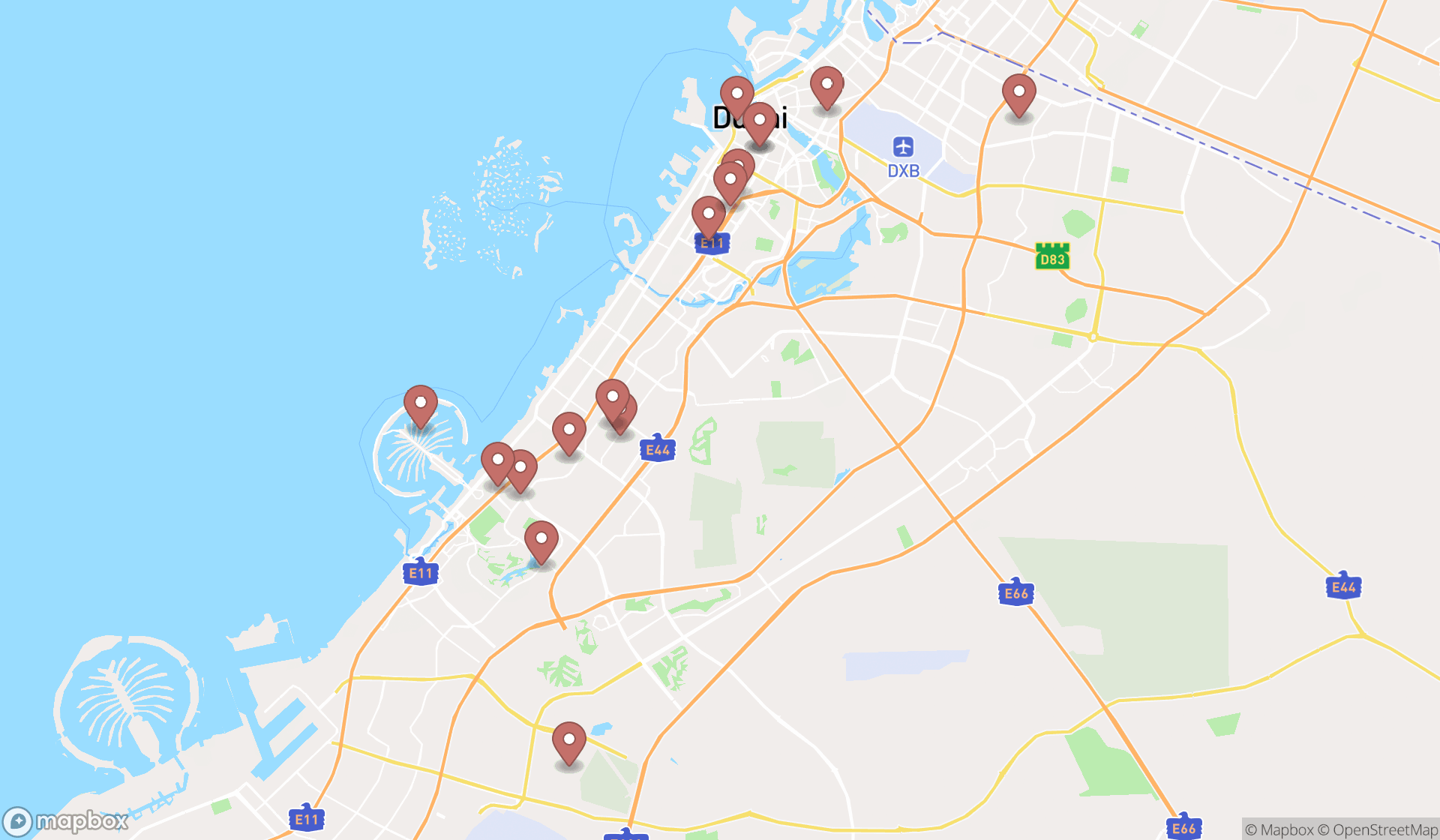 Map showing the search results in Dubai