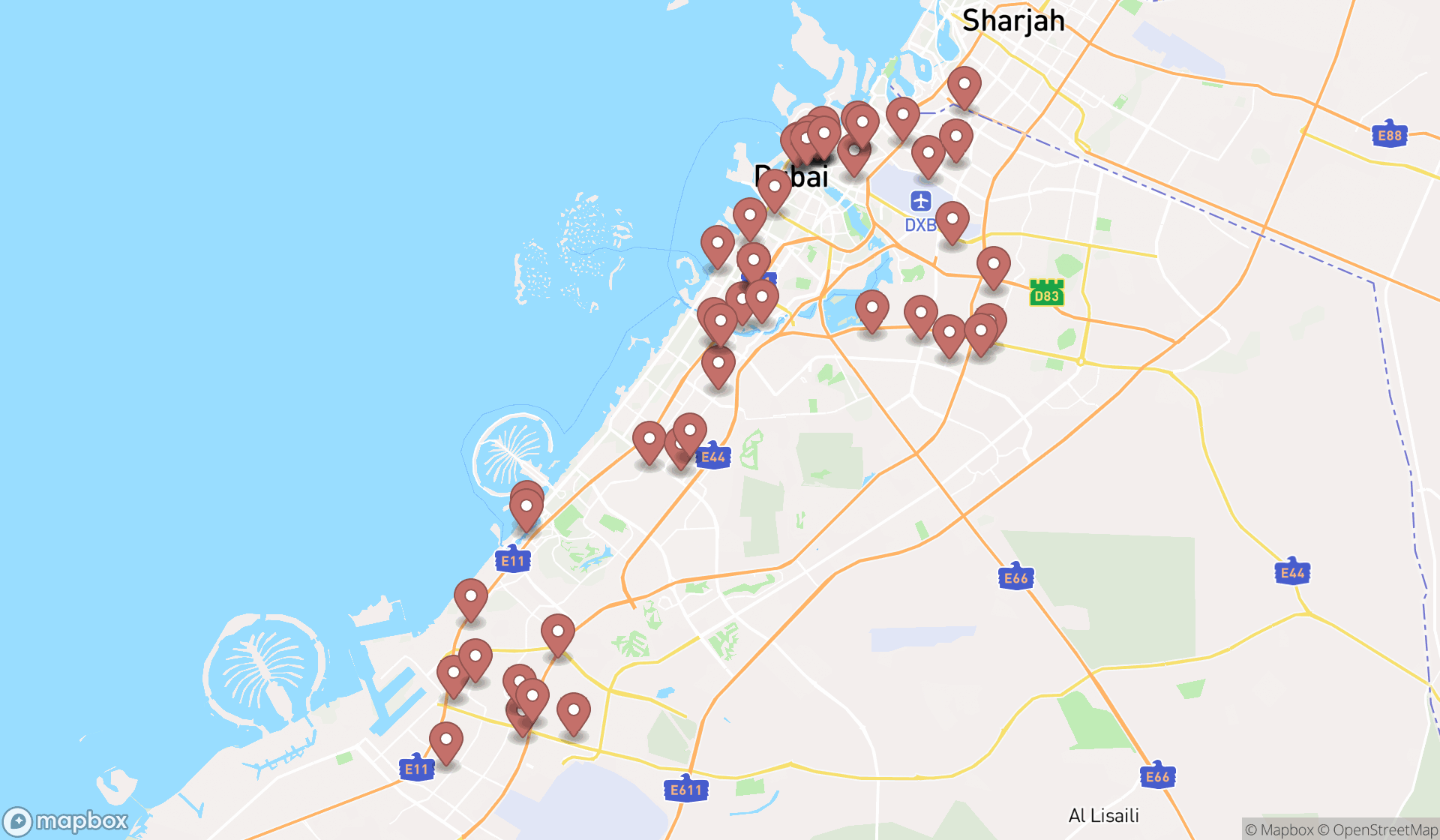Map showing the search results in Dubai