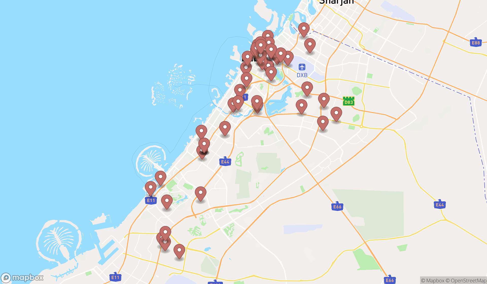 Map showing the search results in Dubai