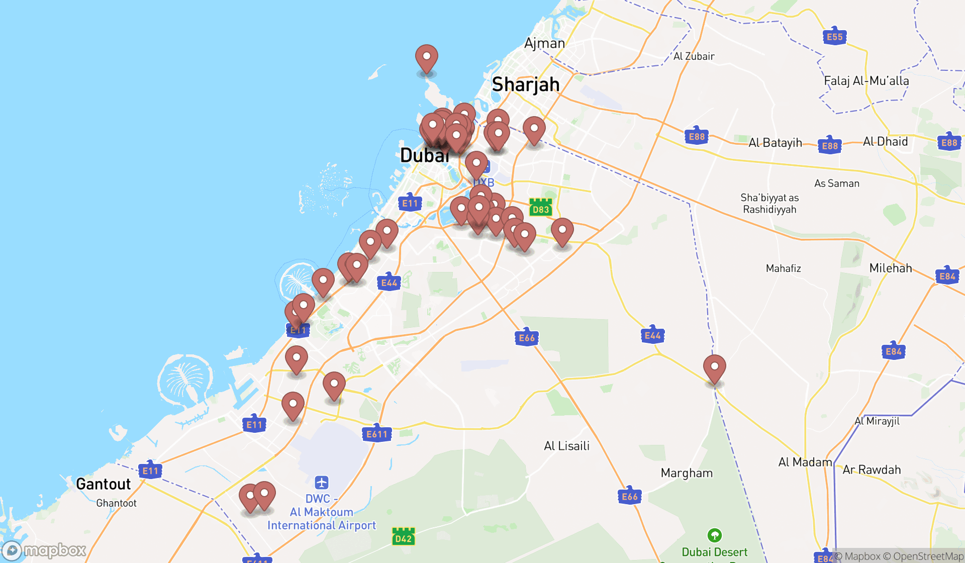 Map showing the search results in Dubai