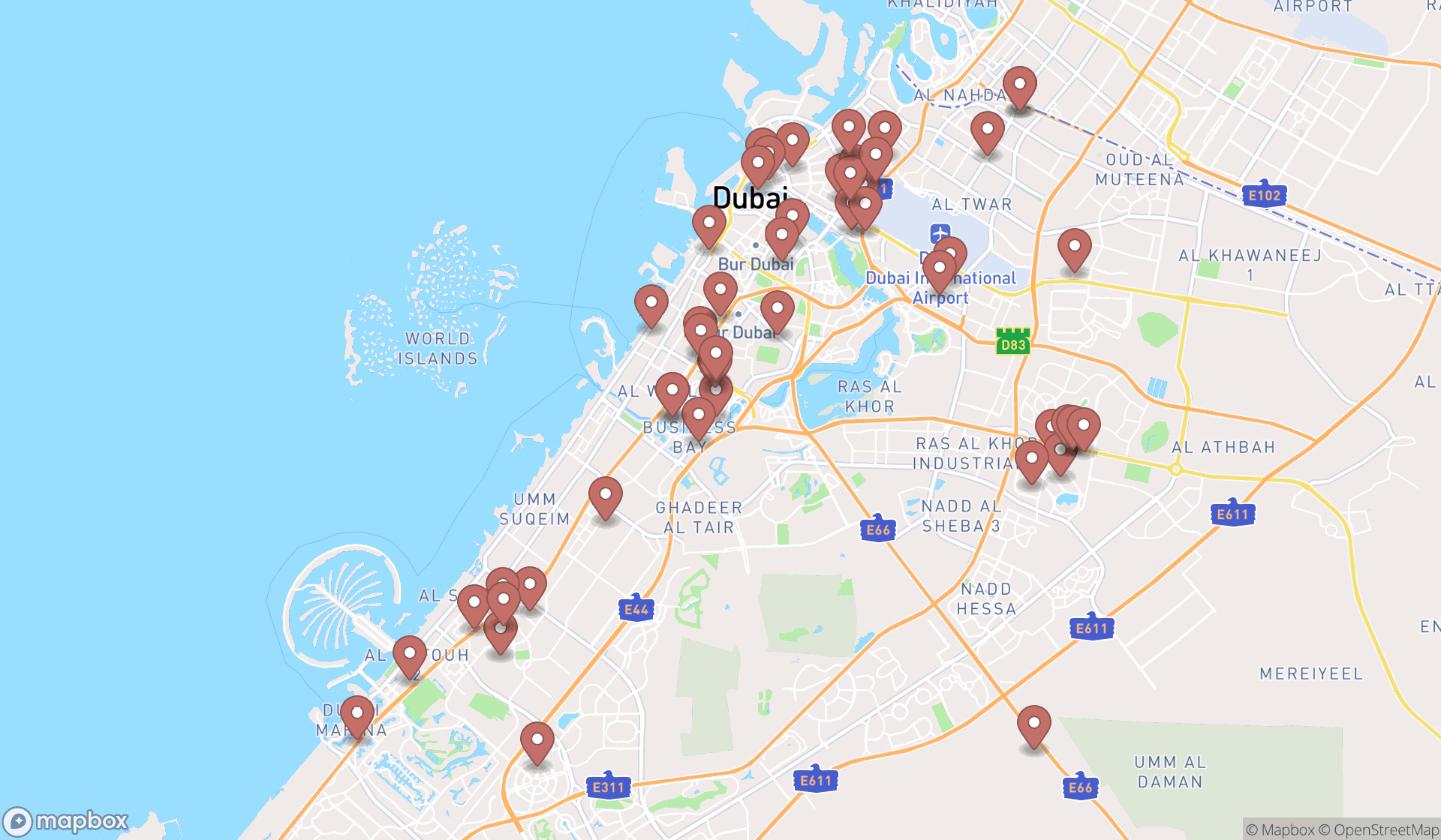 Map showing the search results in Dubai