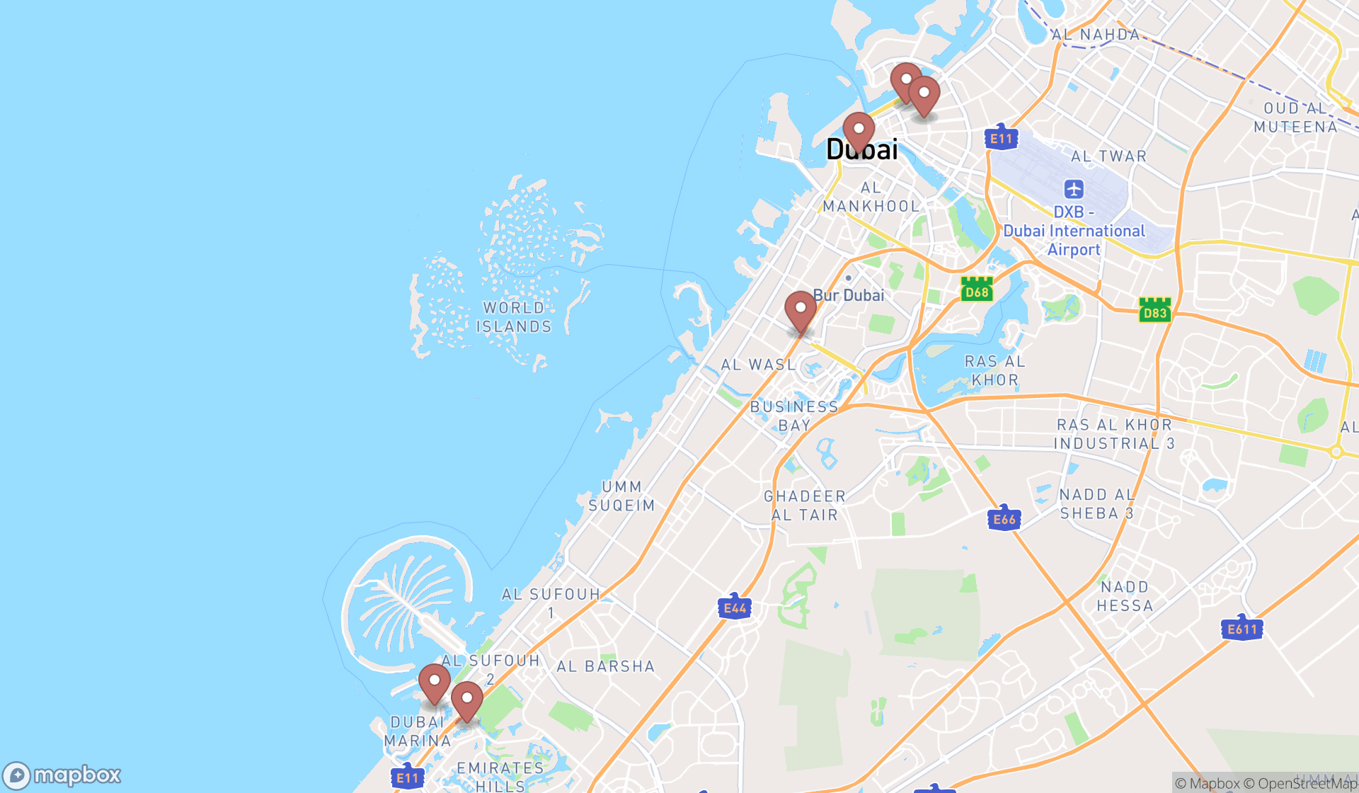 Map showing the search results in Dubai