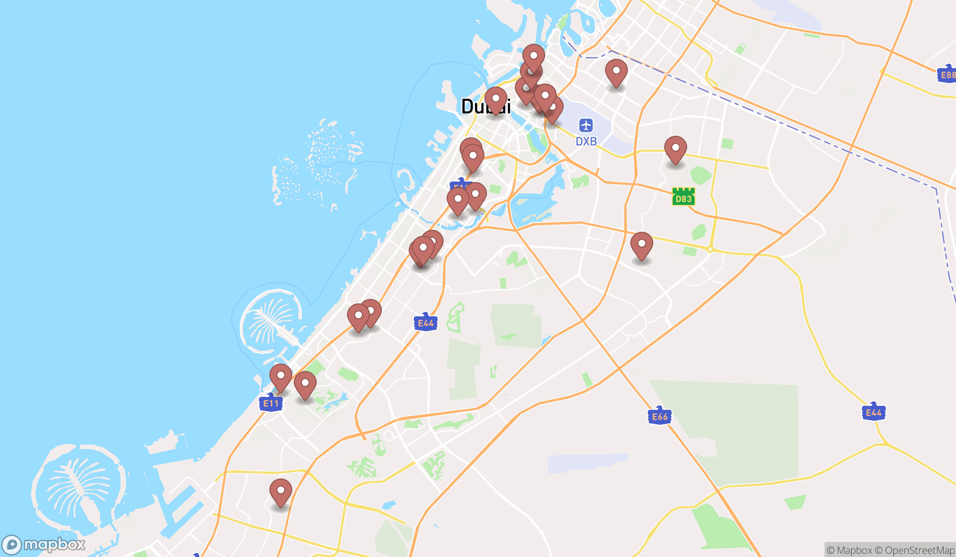 Map showing the search results in Dubai