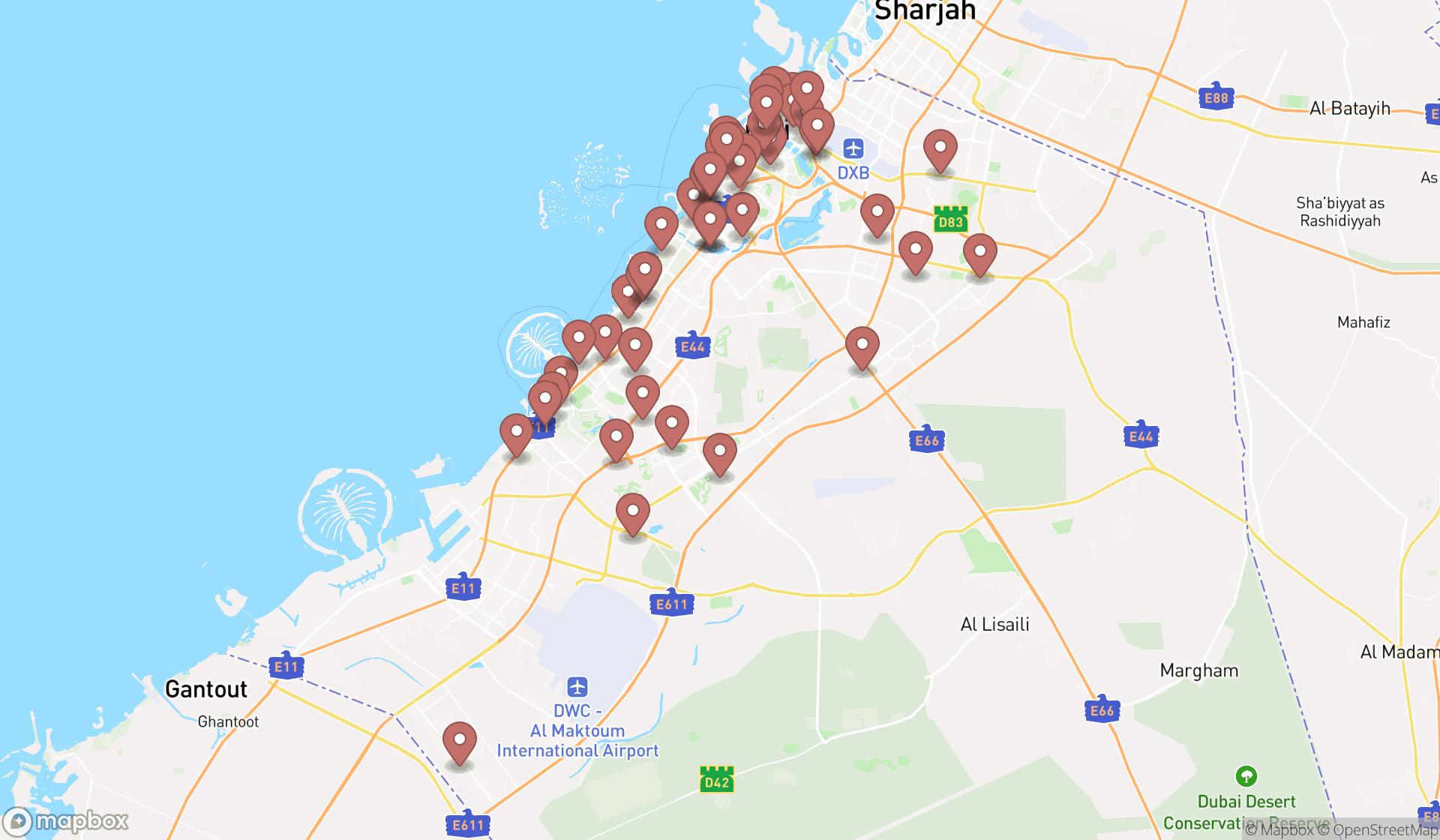 Map showing the search results in Dubai