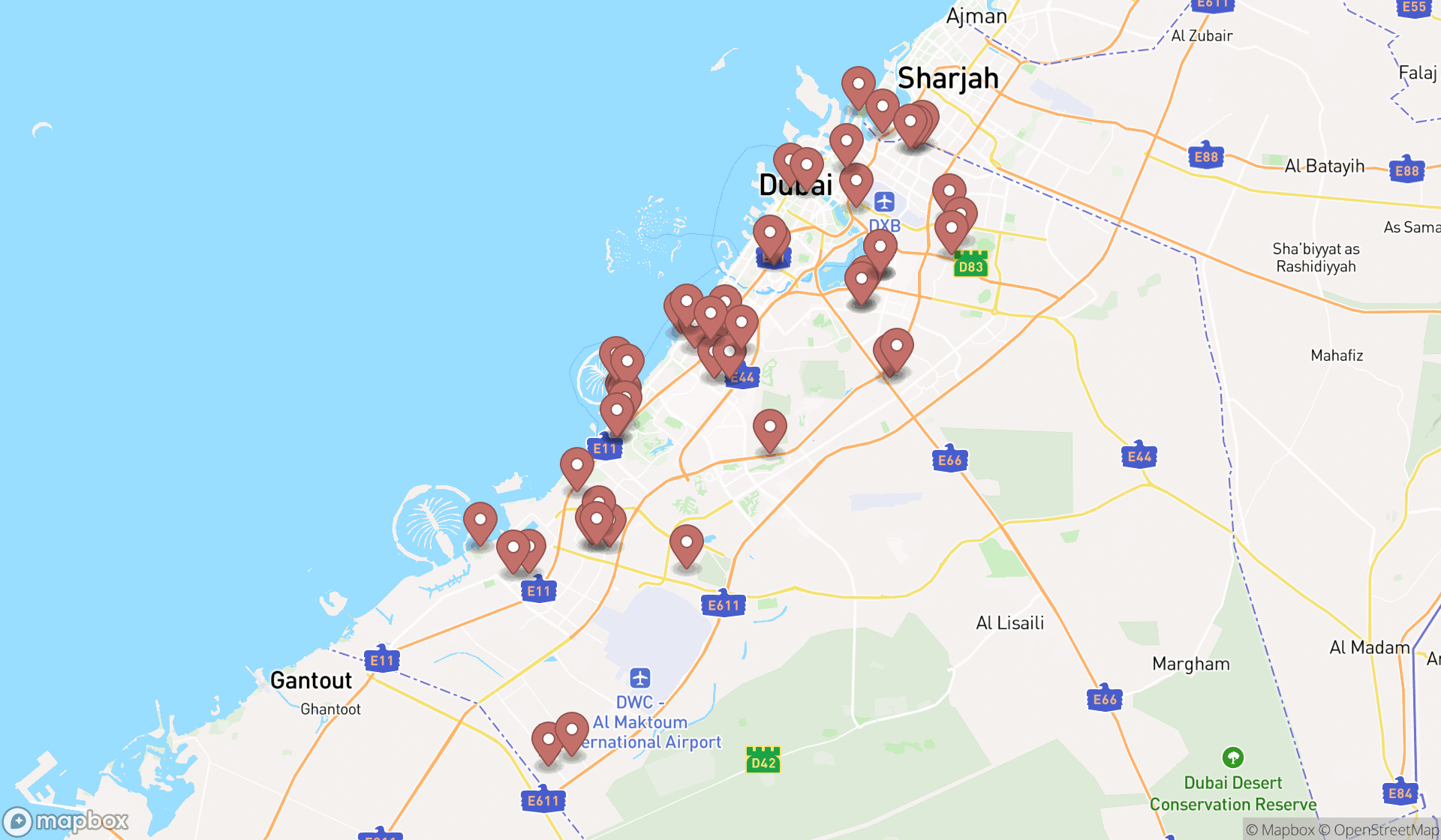 Map showing the search results in Dubai