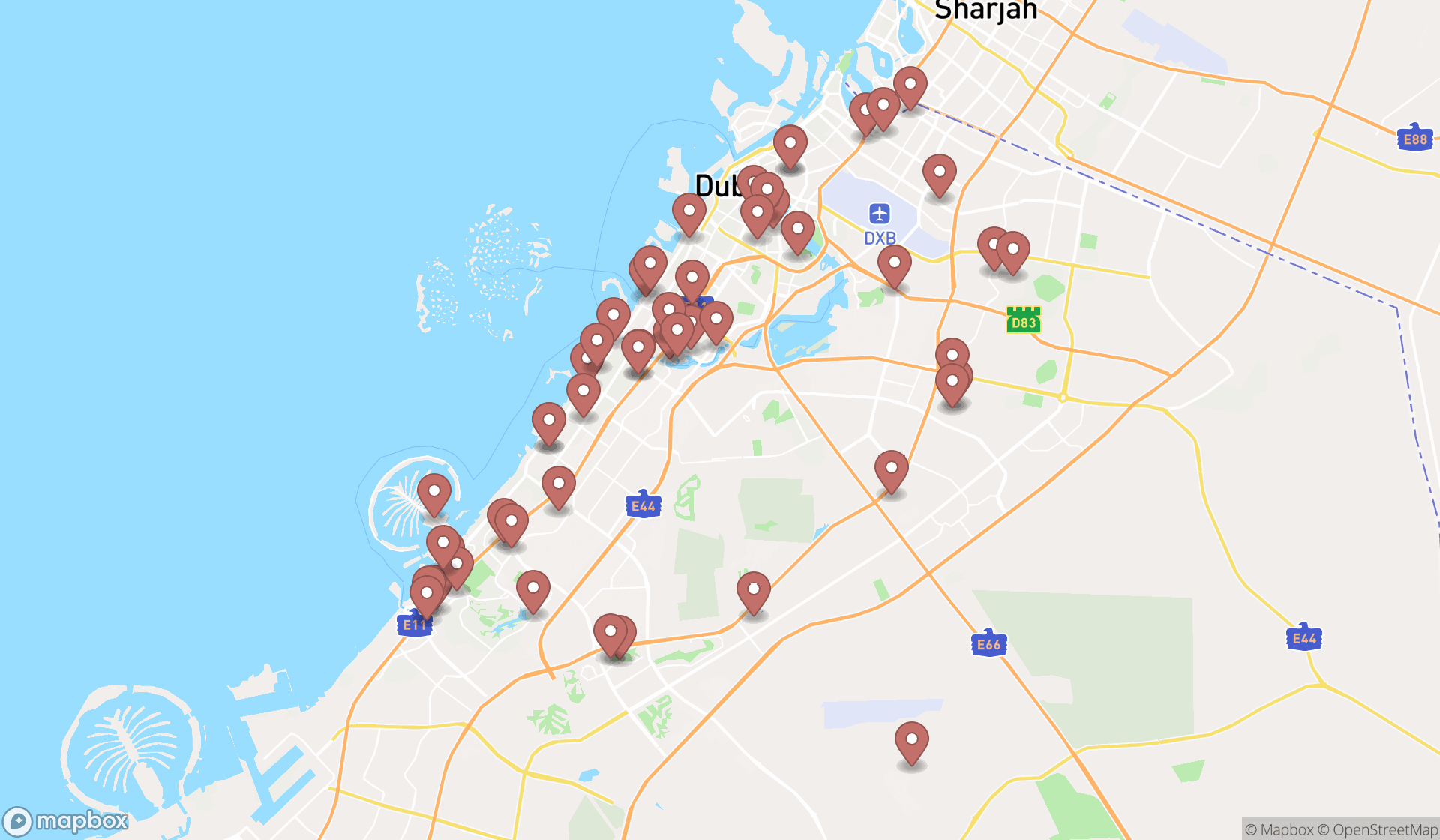 Map showing the search results in Dubai