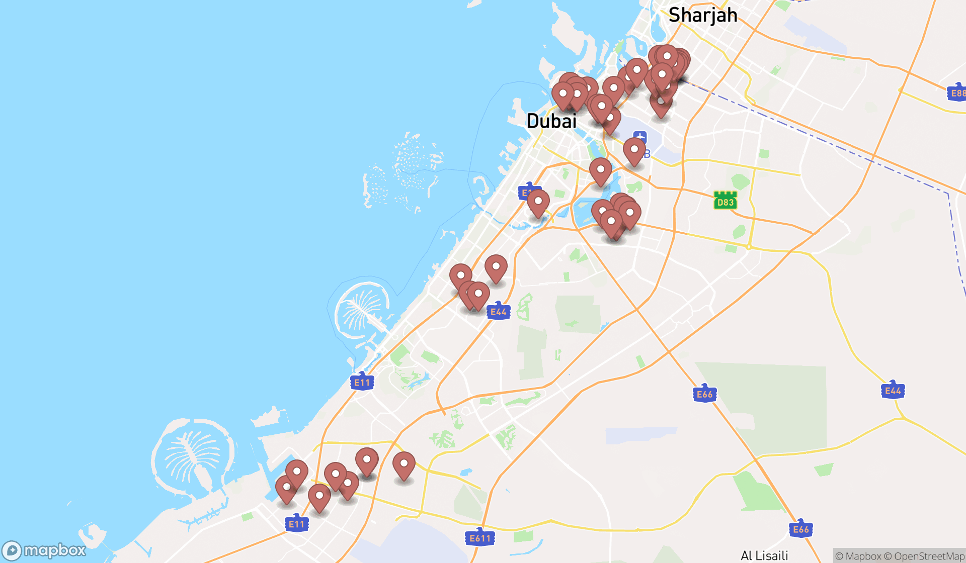 Map showing the search results in Dubai