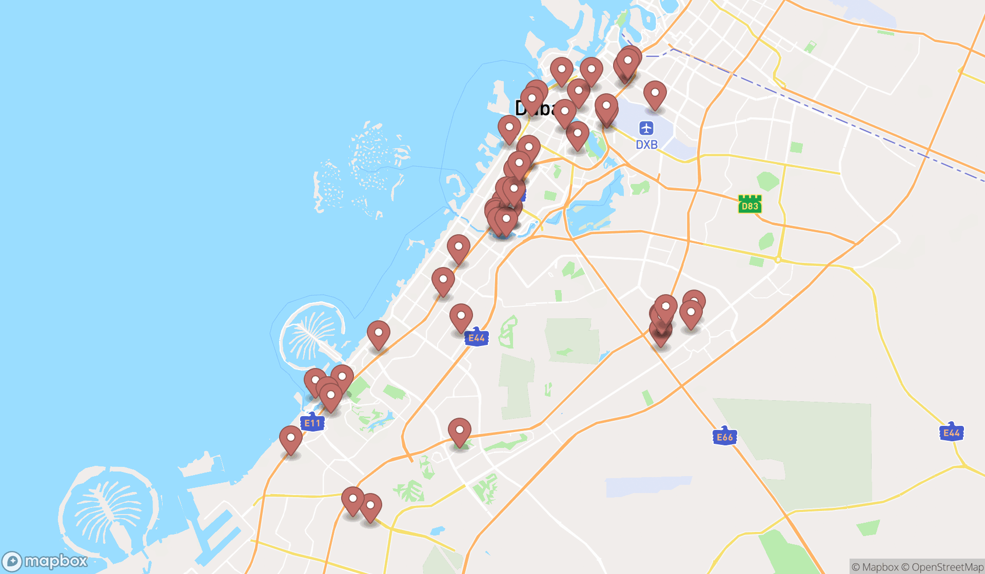 Map showing the search results in Dubai