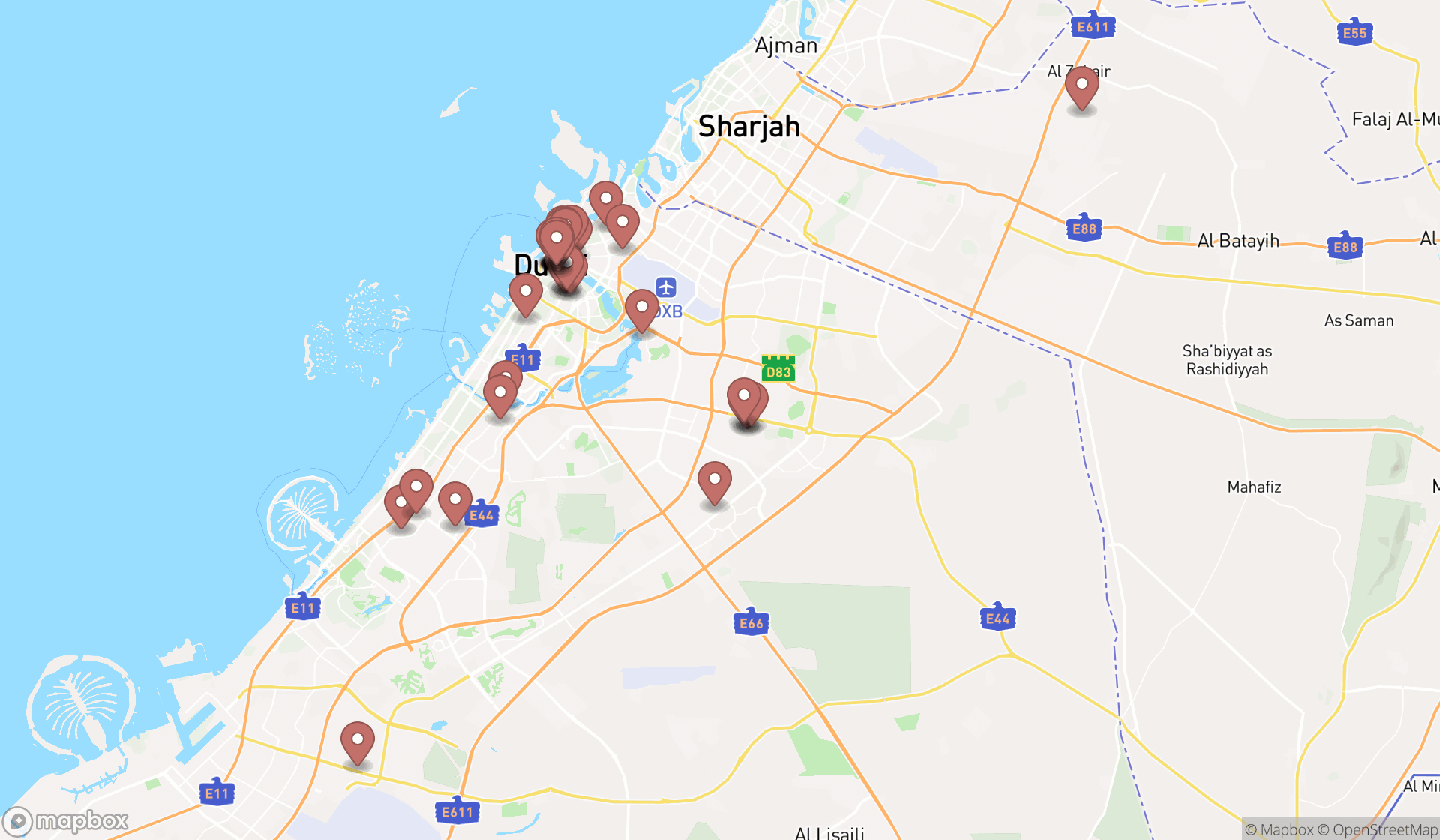 Map showing the search results in Dubai