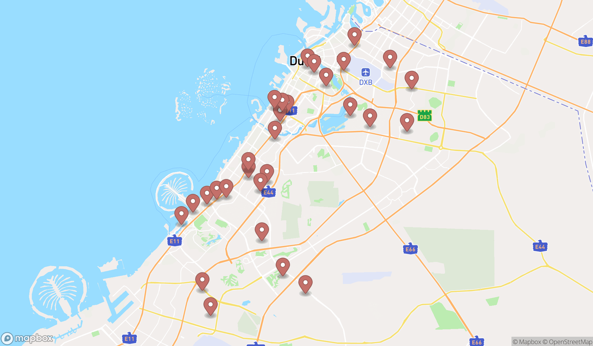 Map showing the search results in Dubai