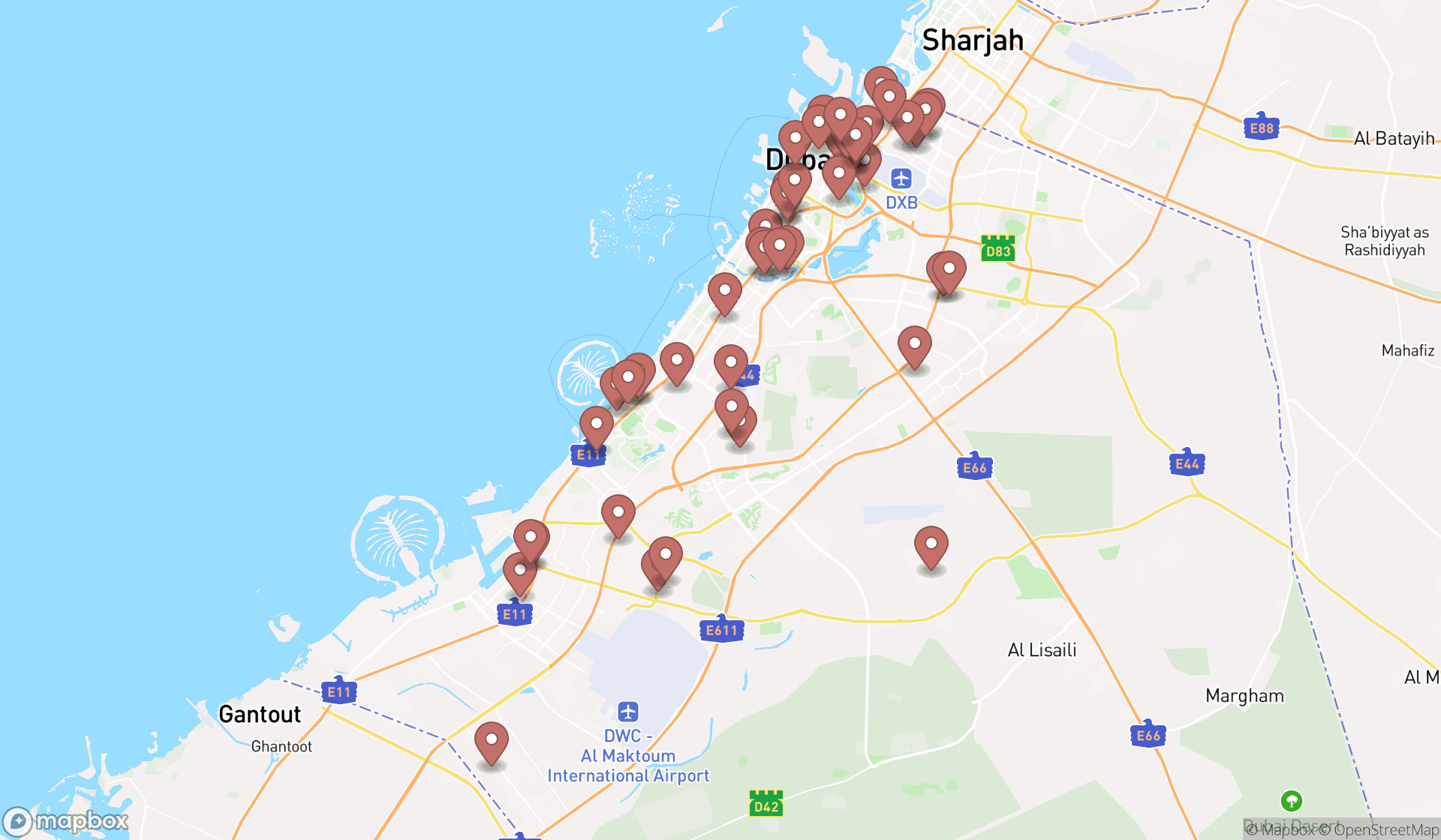 Map showing the search results in Dubai