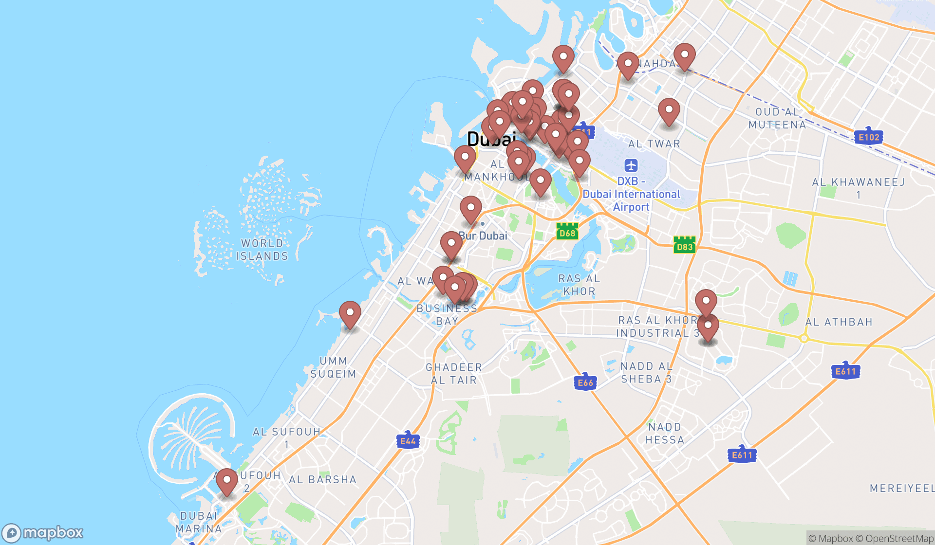 Map showing the search results in Dubai