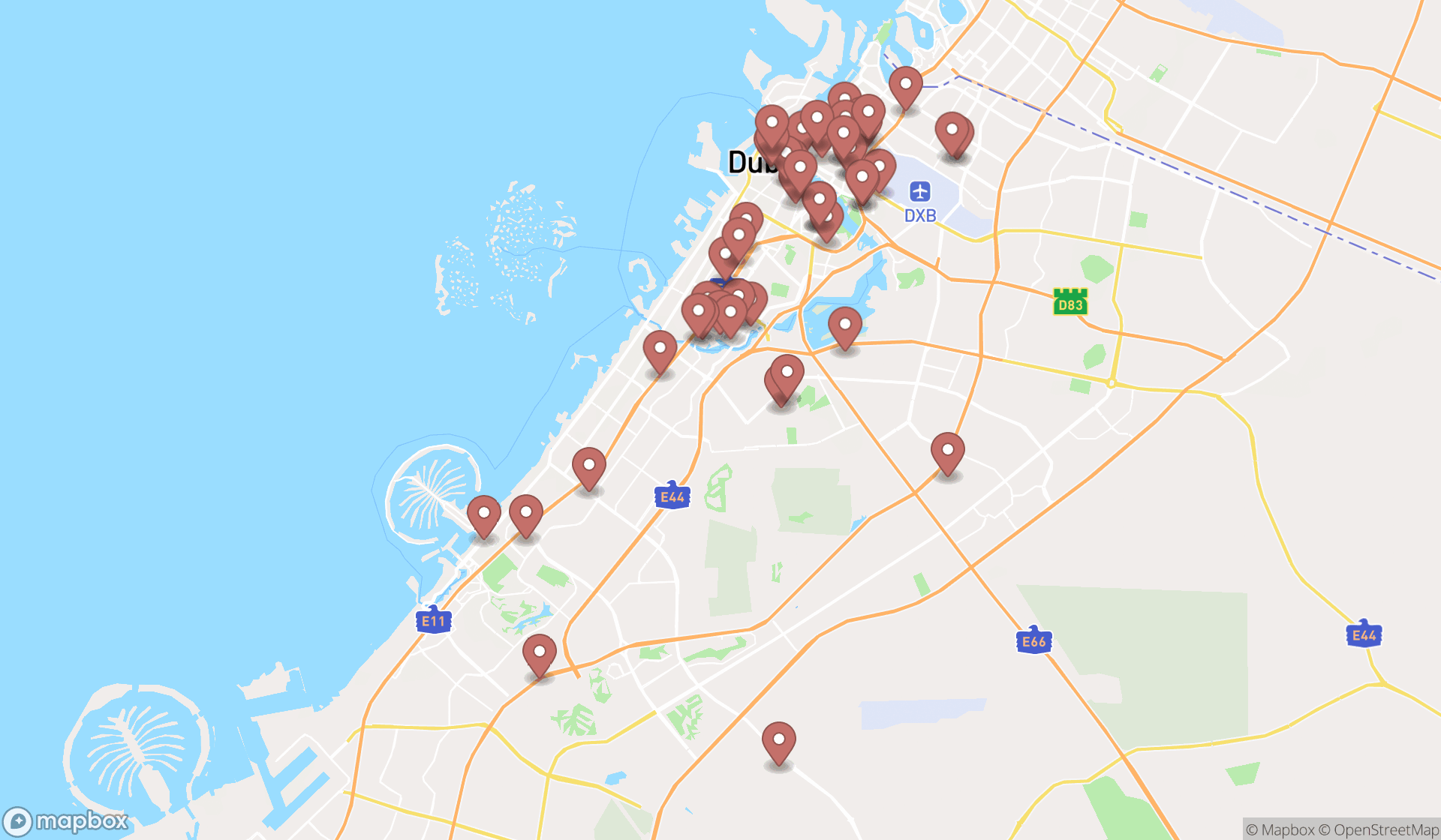 Map showing the search results in Dubai
