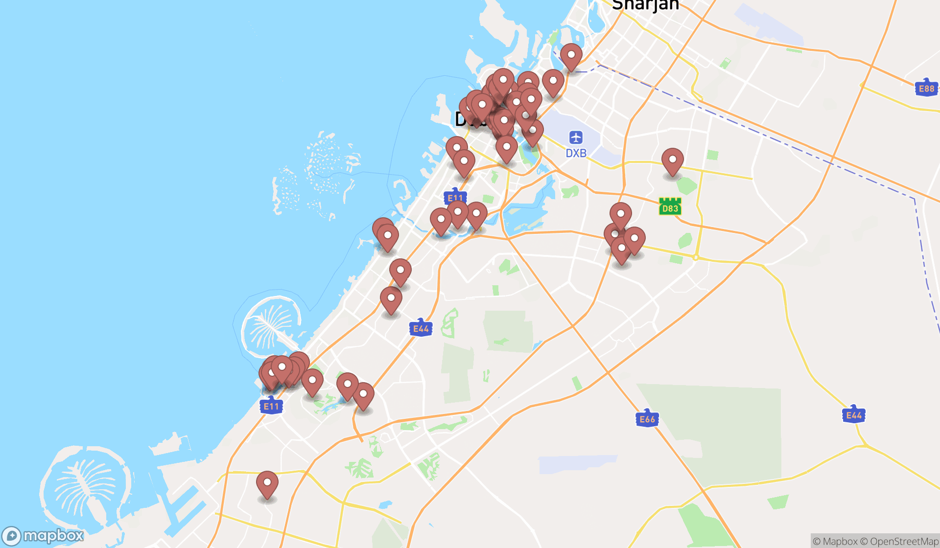 Map showing the search results in Dubai