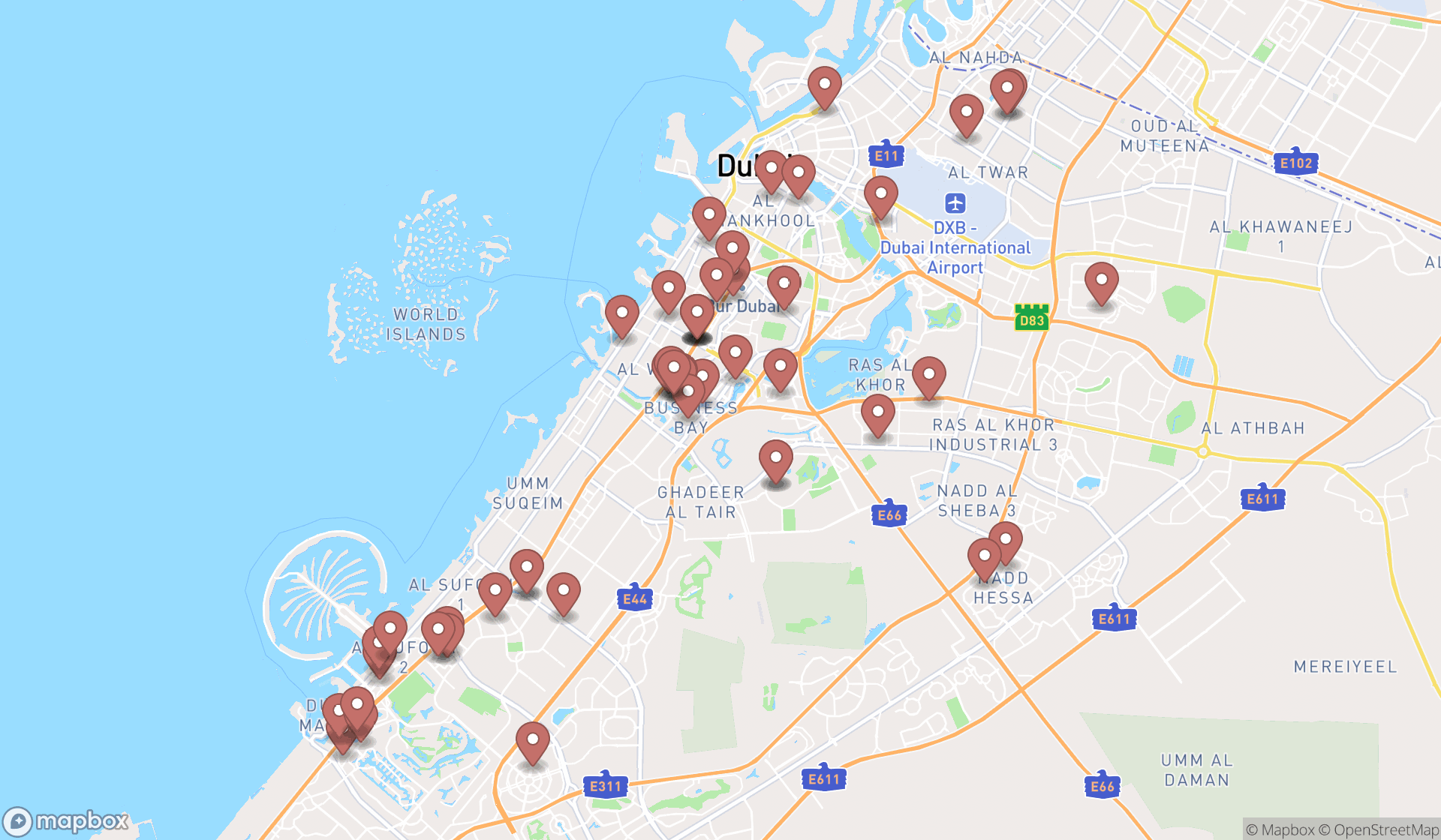 Map showing the search results in Dubai