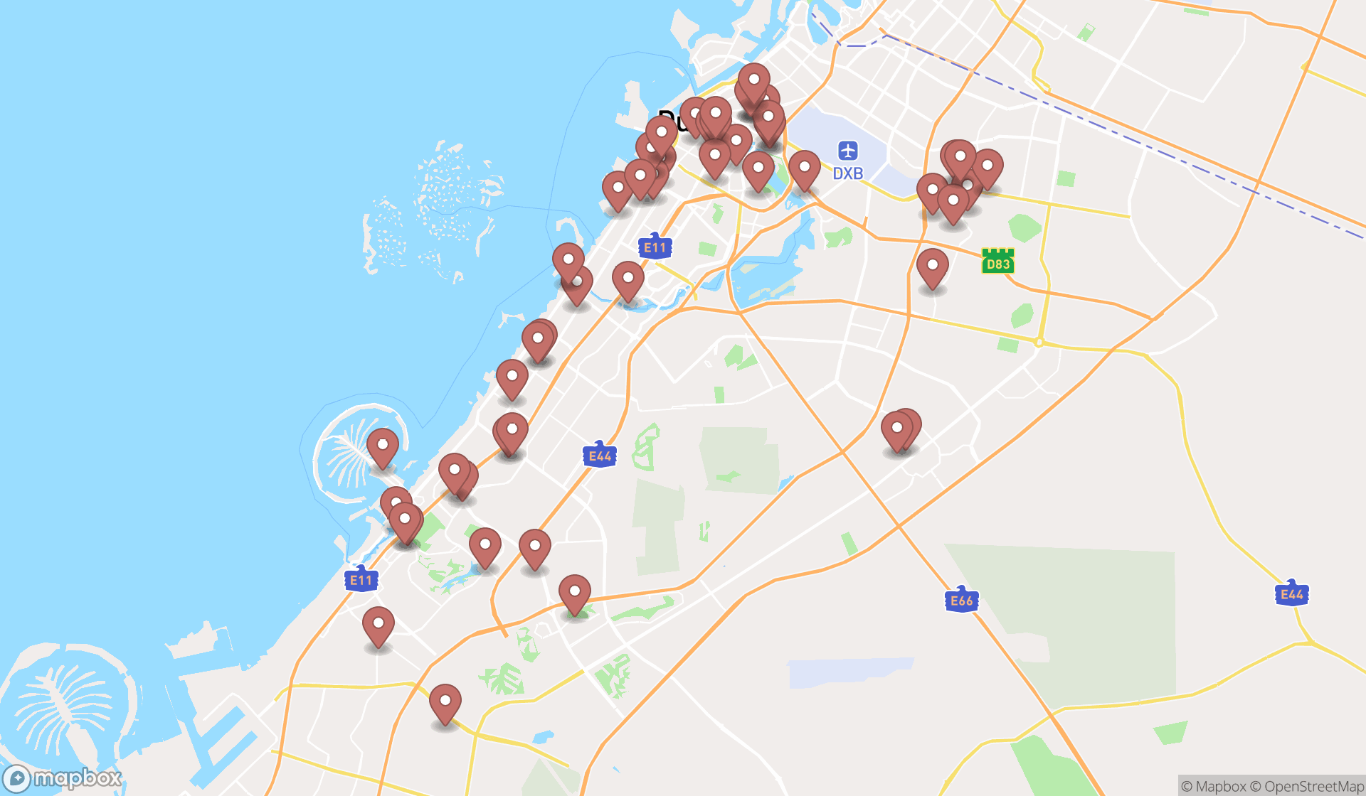 Map showing the search results in Dubai