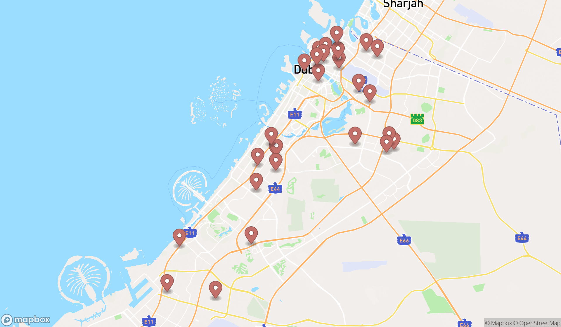 Map showing the search results in Dubai