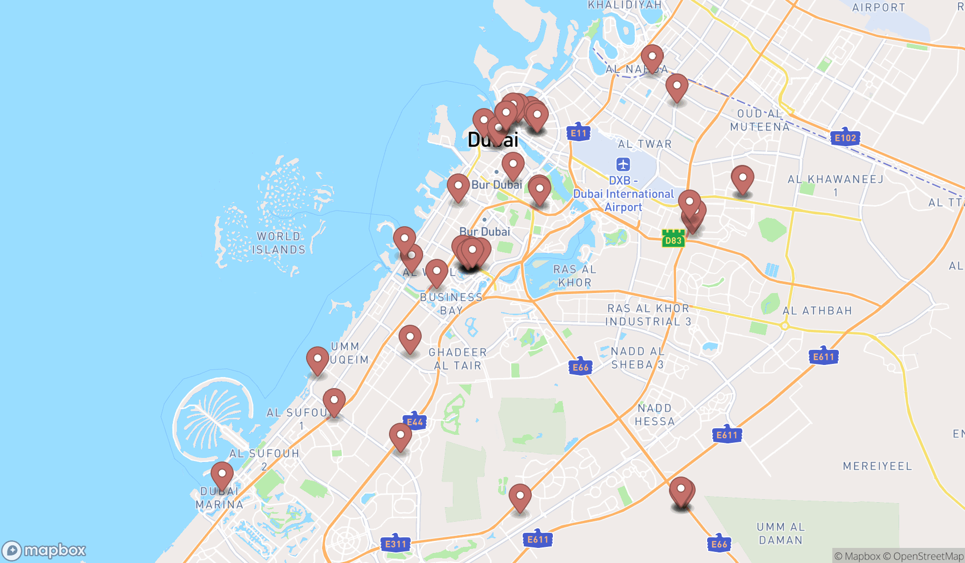 Map showing the search results in Dubai