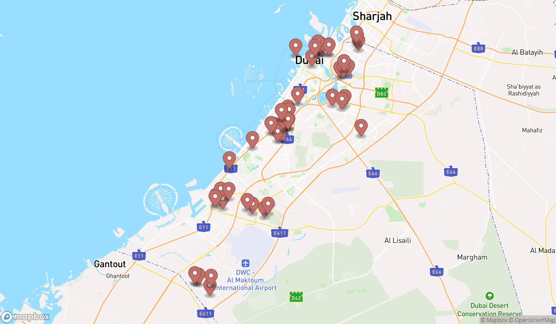 Map showing the search results in Dubai