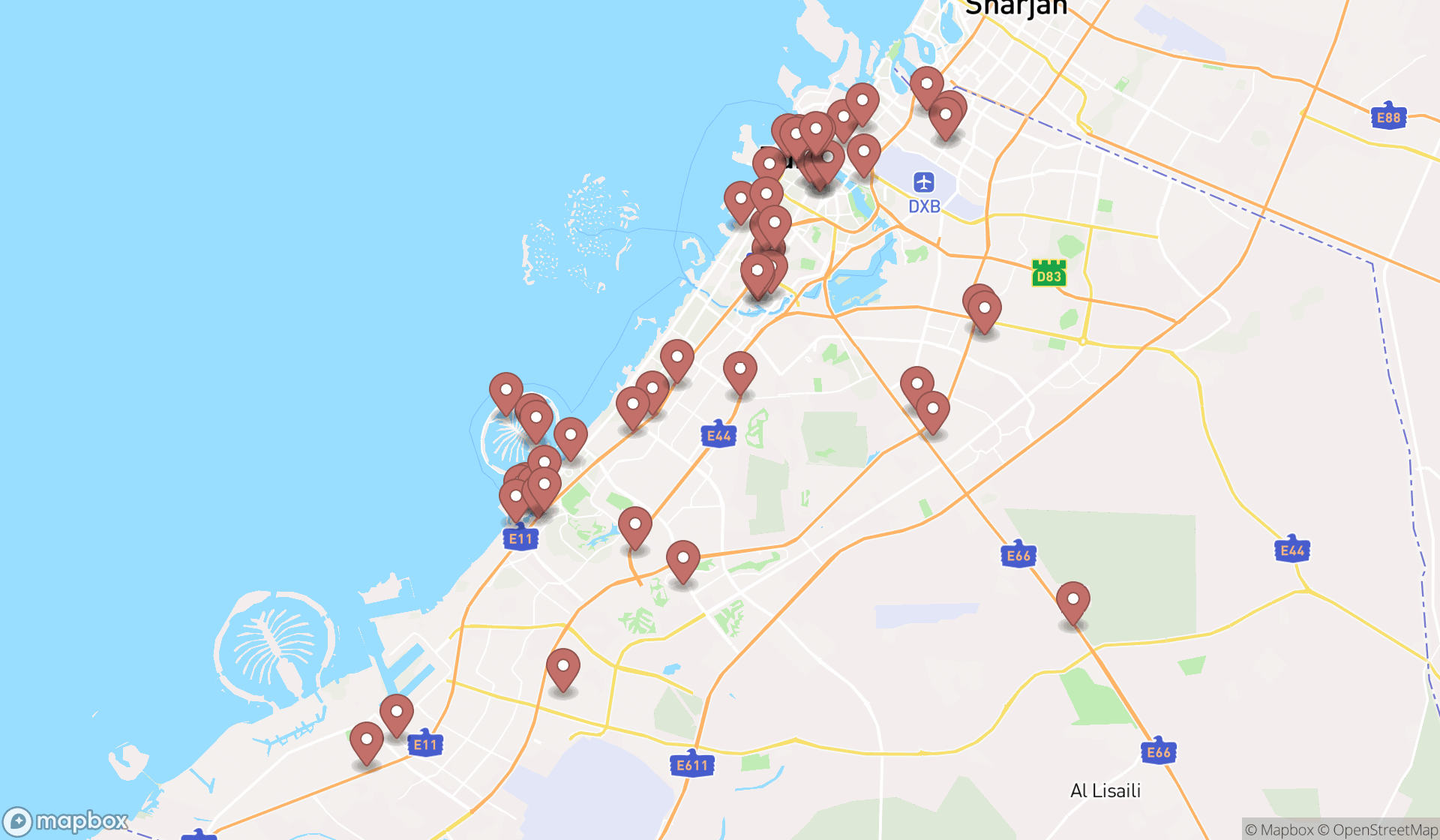 Map showing the search results in Dubai