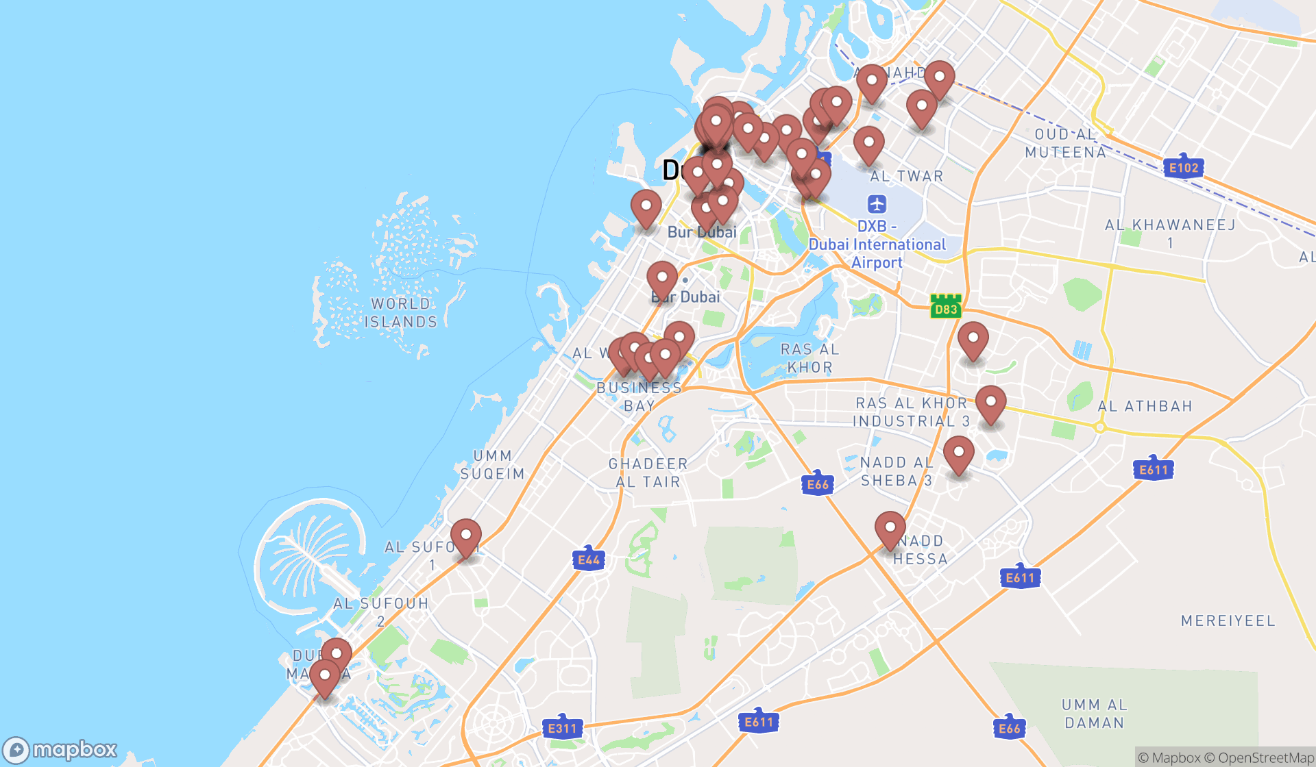 Map showing the search results in Dubai
