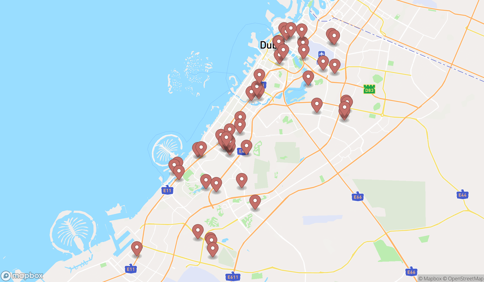 Map showing the search results in Dubai