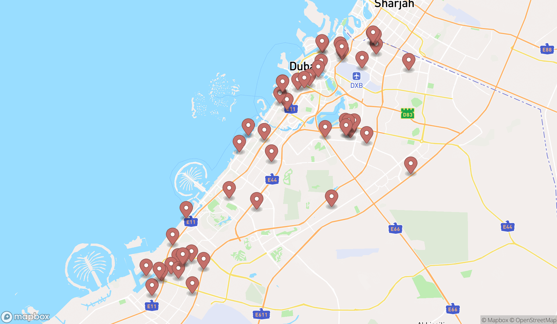 Map showing the search results in Dubai