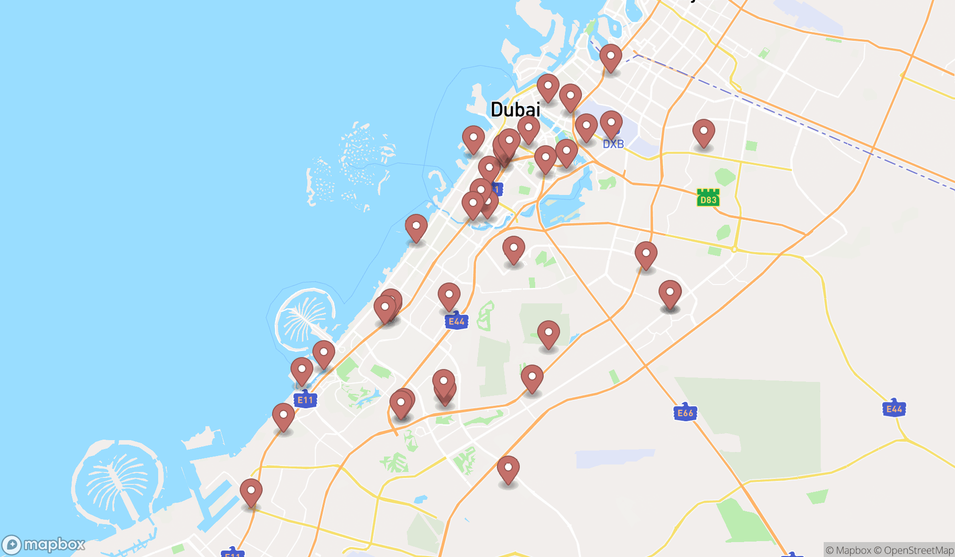 Map showing the search results in Dubai
