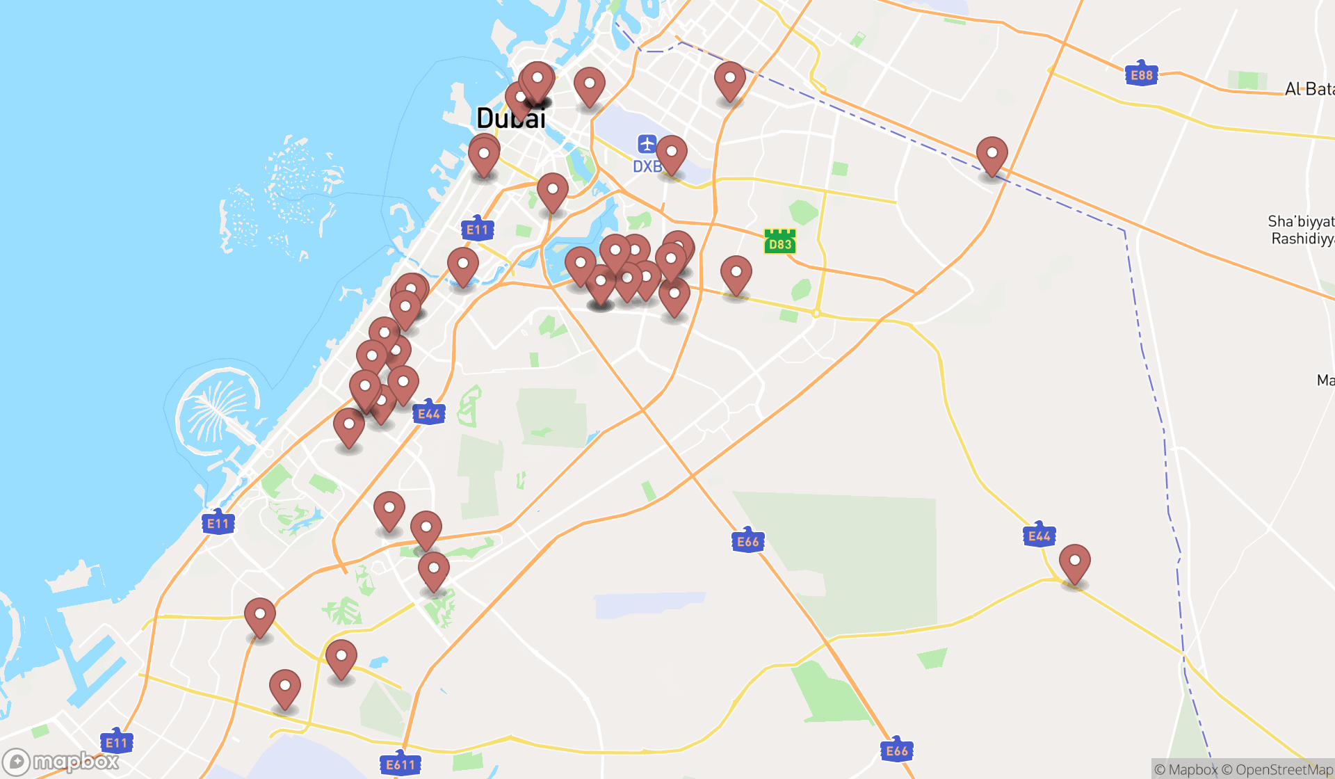 Map showing the search results in Dubai