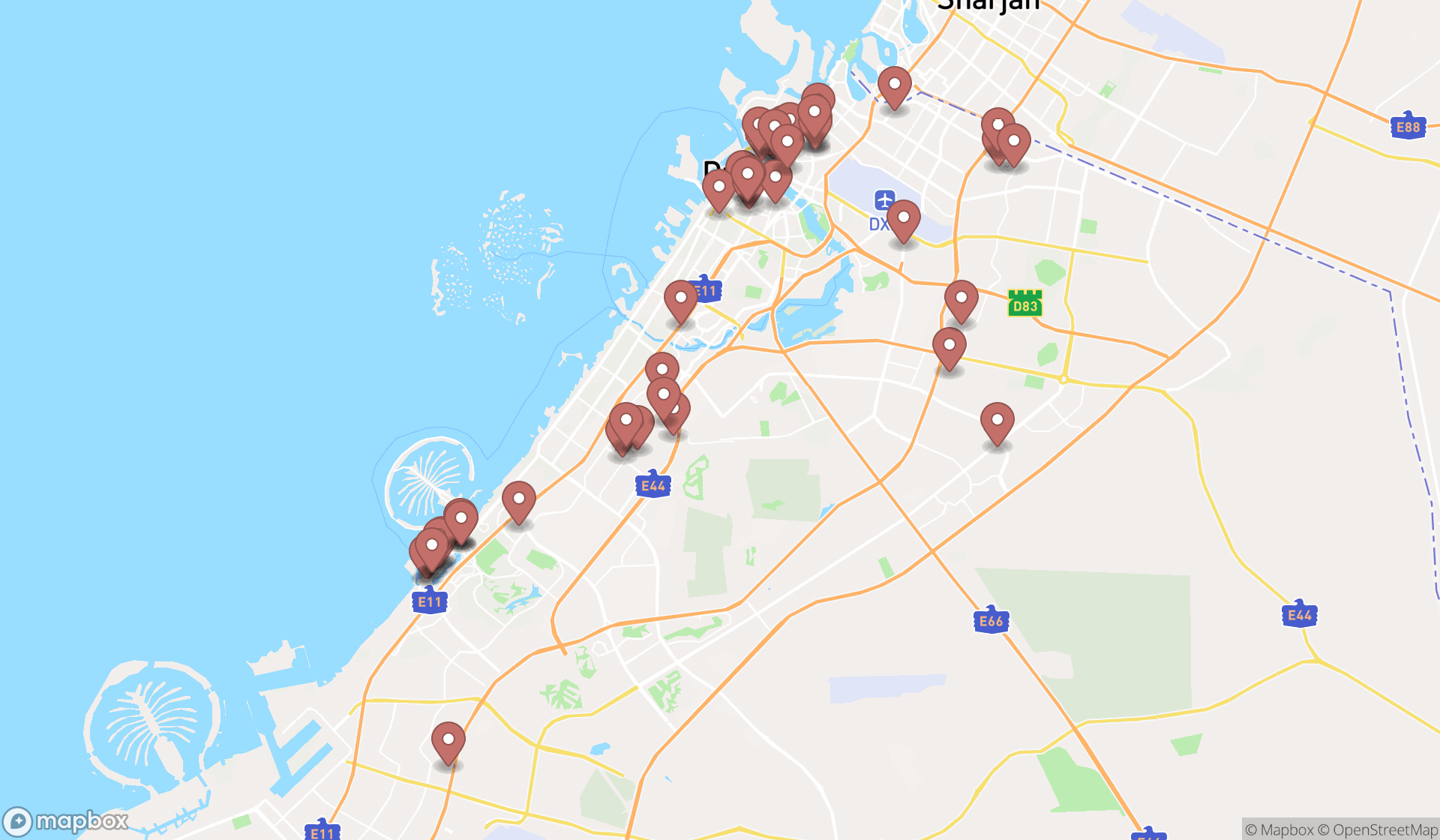 Map showing the search results in Dubai