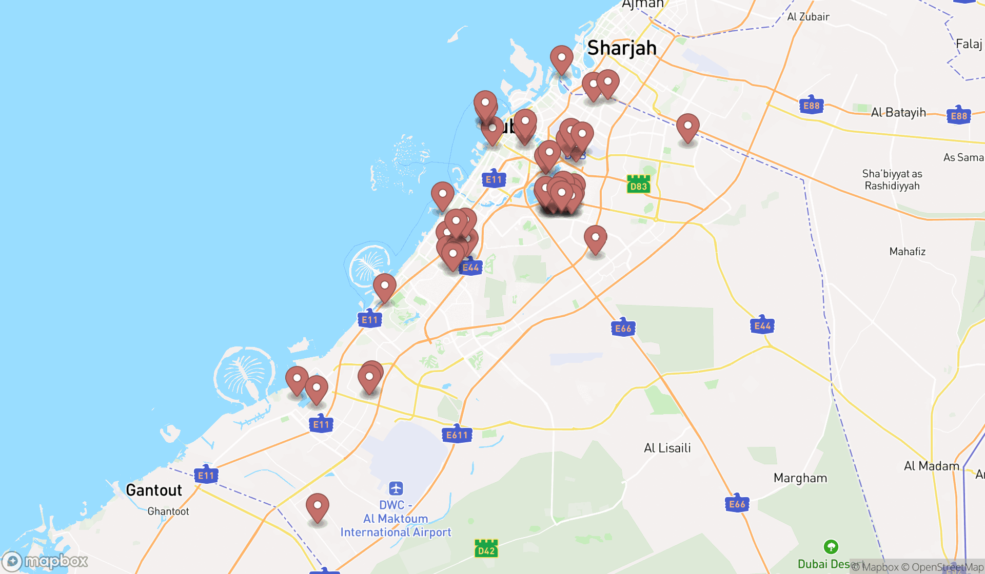 Map showing the search results in Dubai