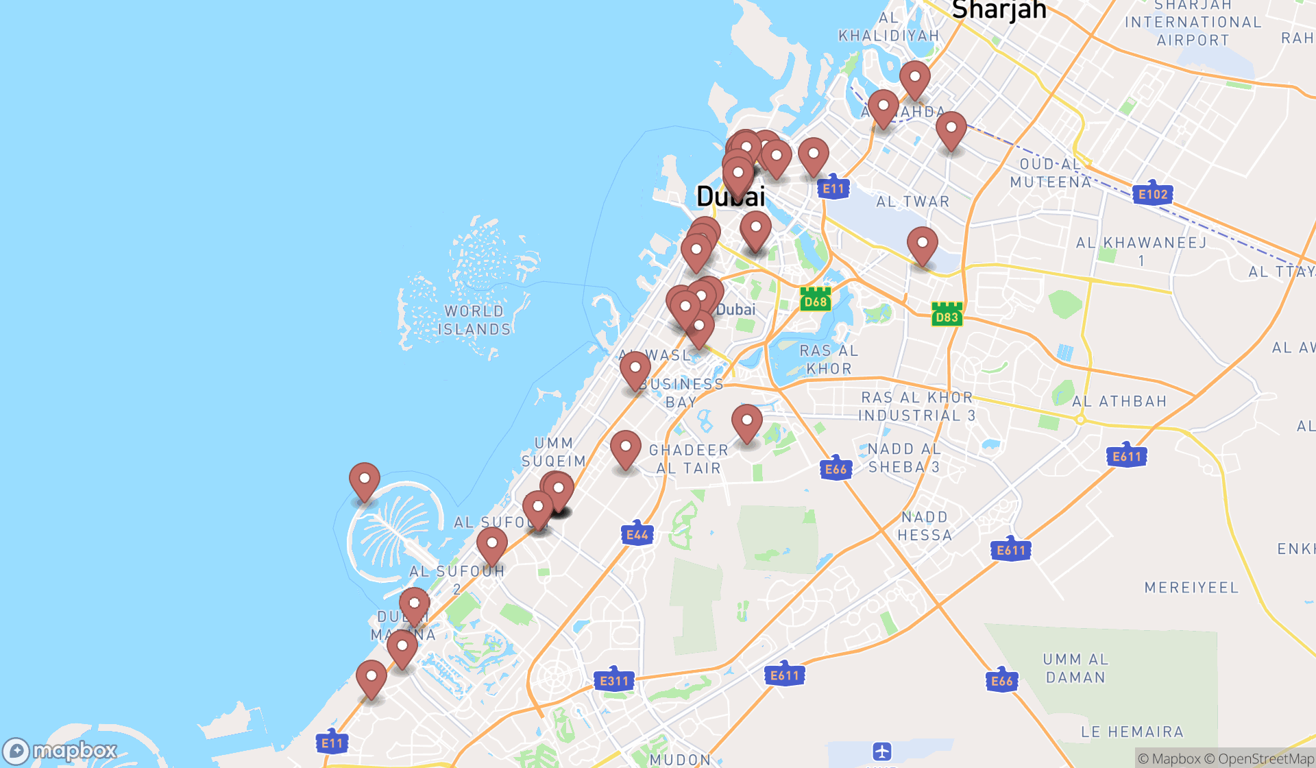 Map showing the search results in Dubai