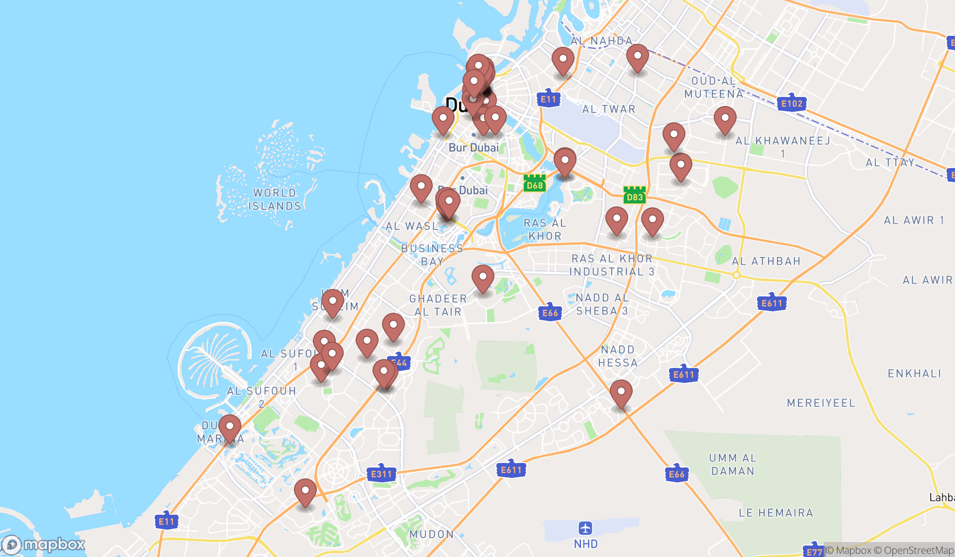 Map showing the search results in Dubai