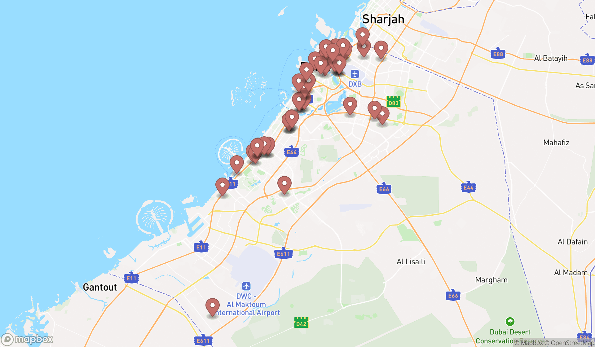 Map showing the search results in Dubai