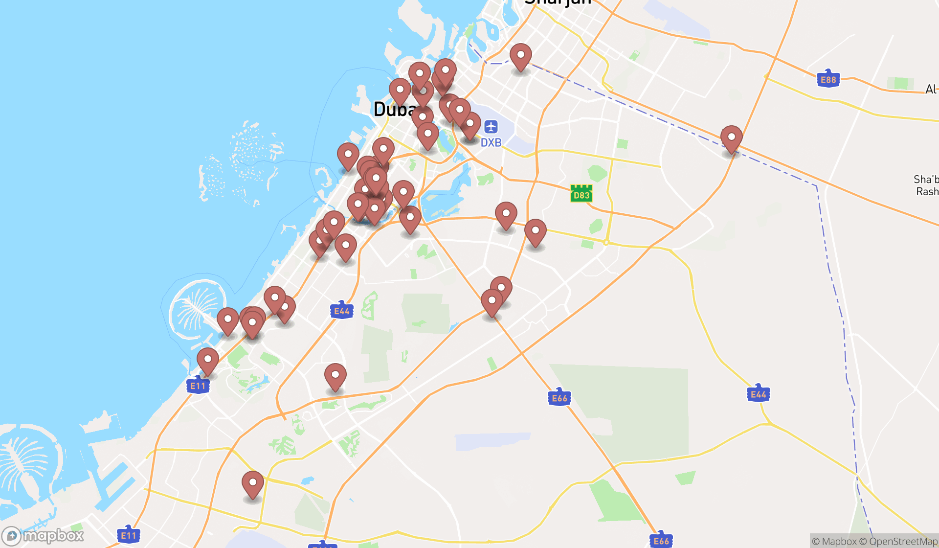Map showing the search results in Dubai