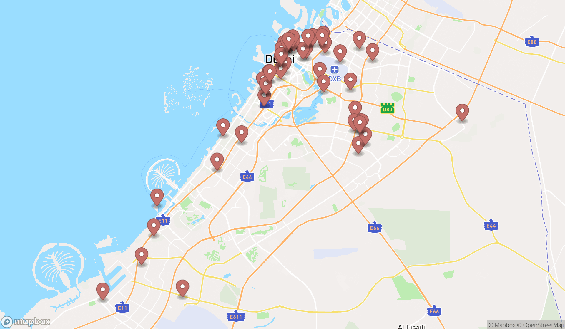 Map showing the search results in Dubai