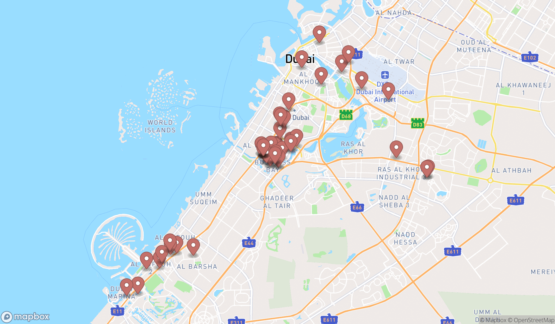 Map showing the search results in Dubai