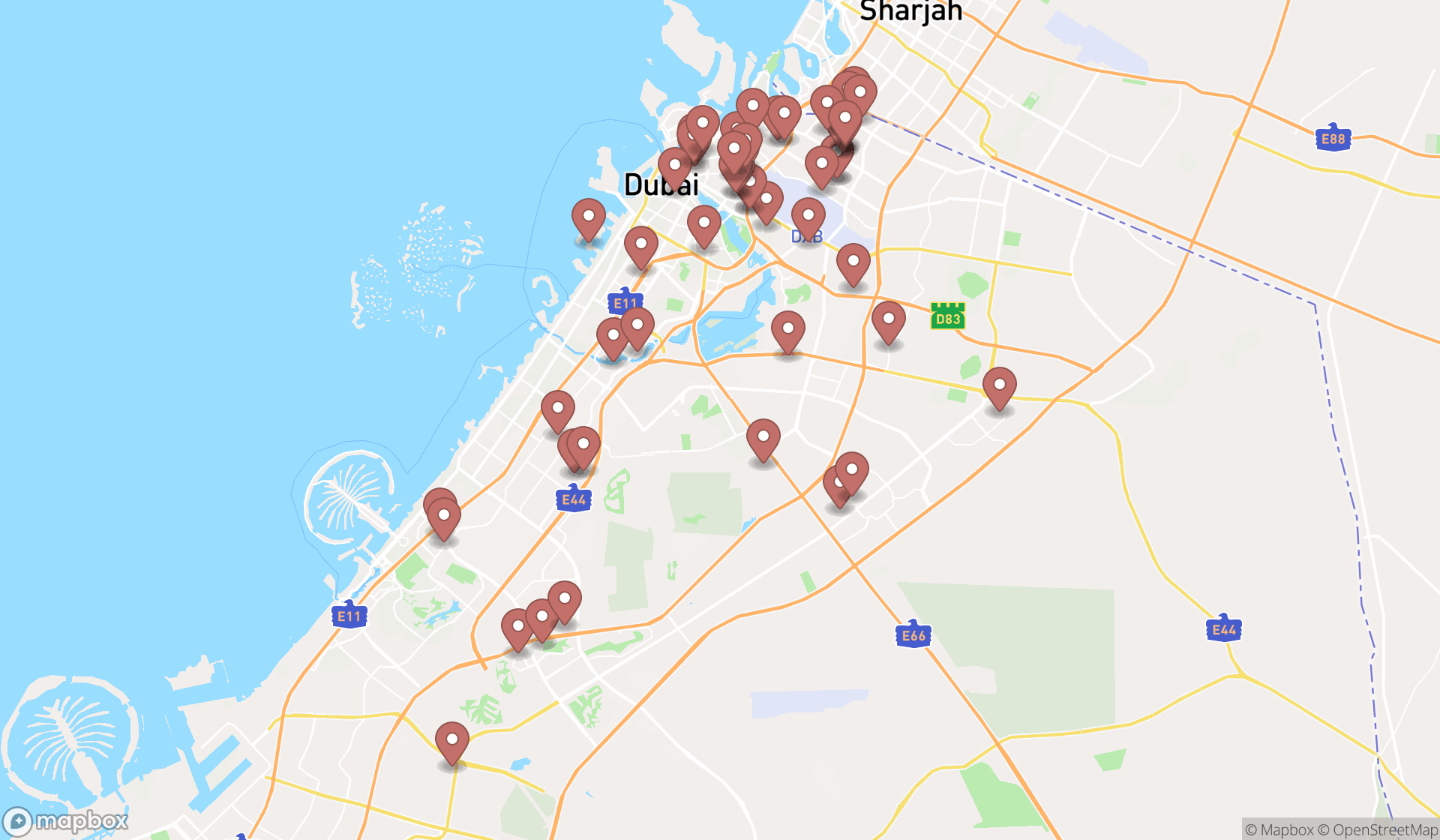 Map showing the search results in Dubai