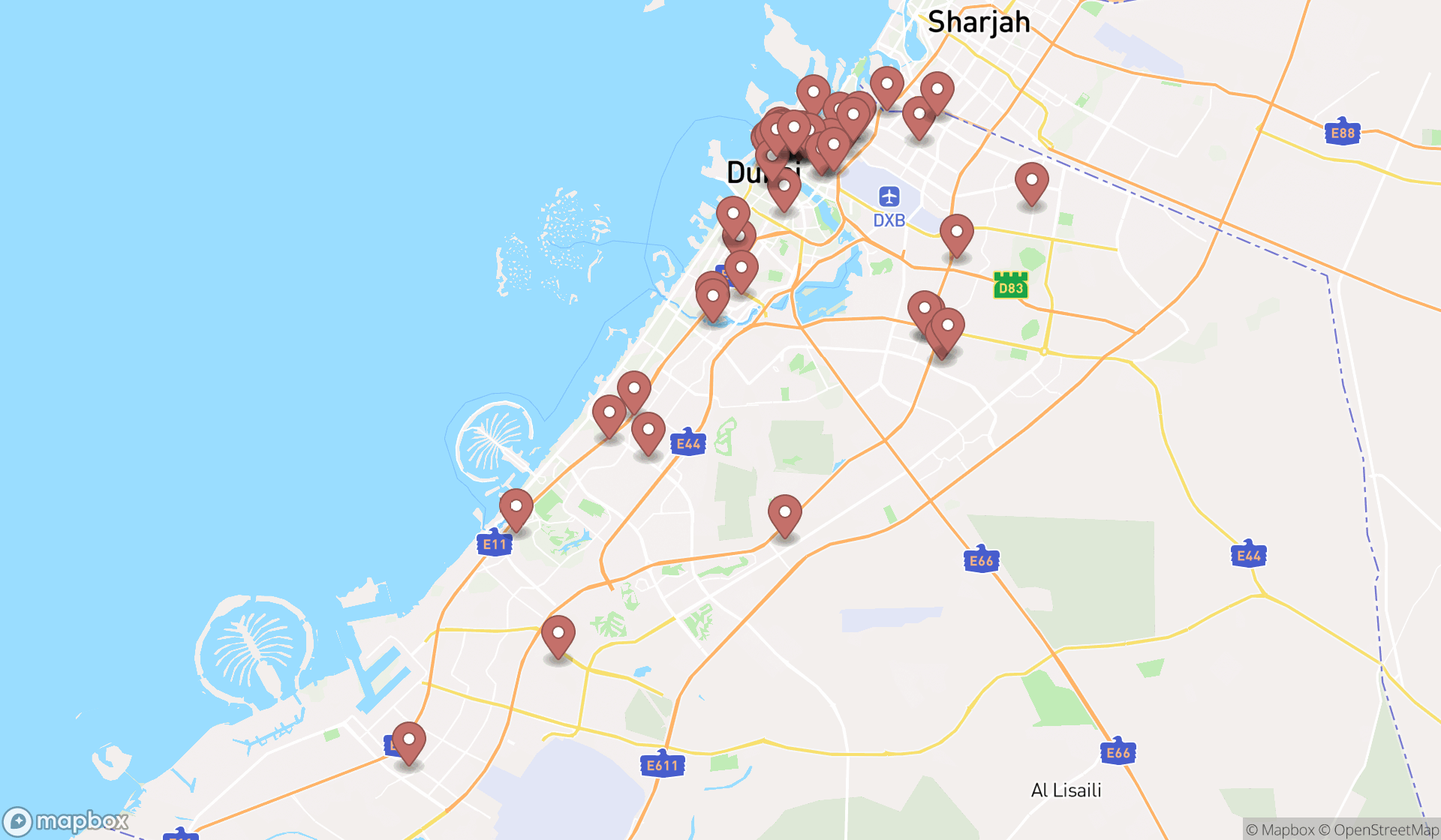 Map showing the search results in Dubai