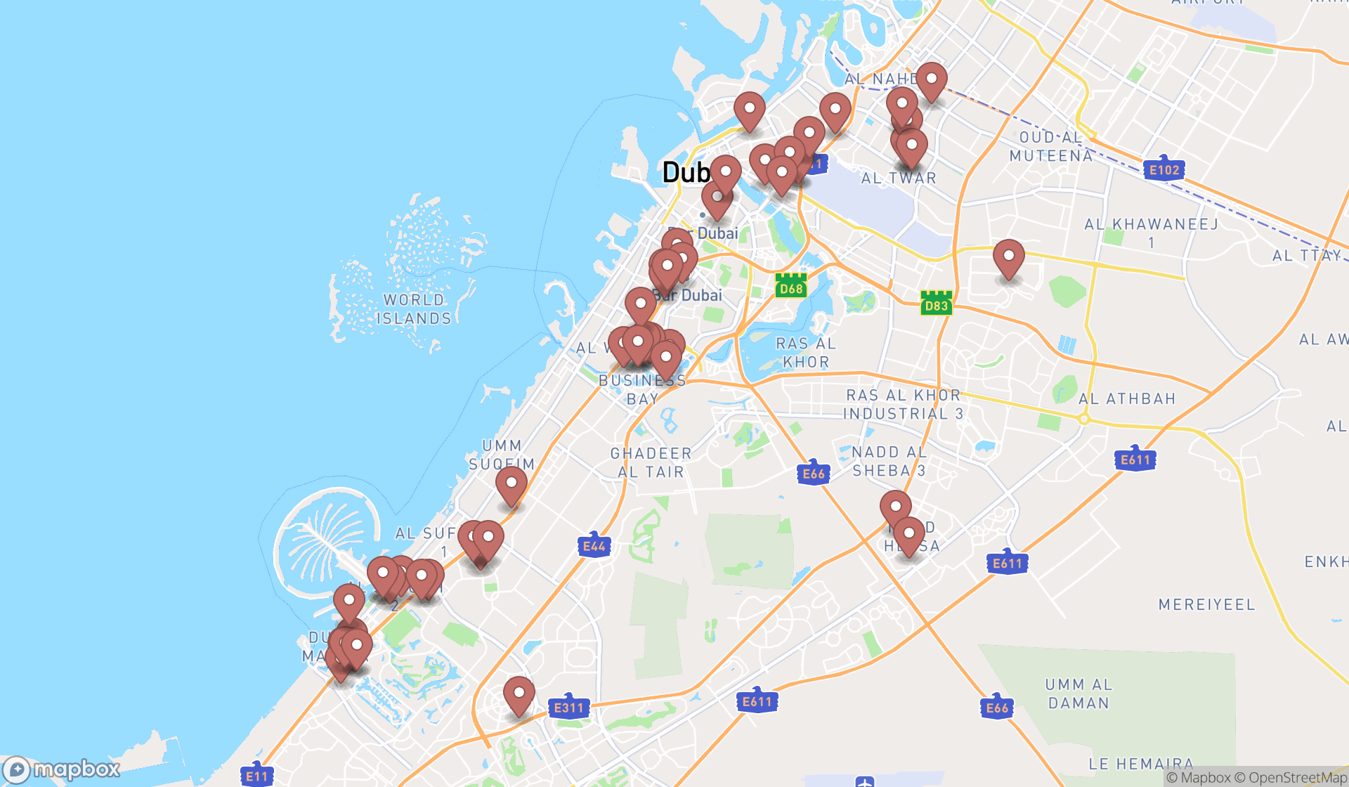 Map showing the search results in Dubai