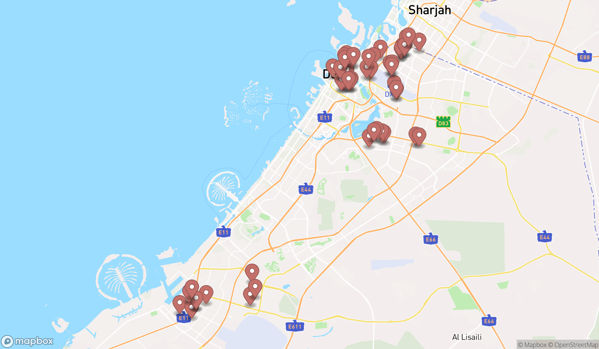 Map showing the search results in Dubai