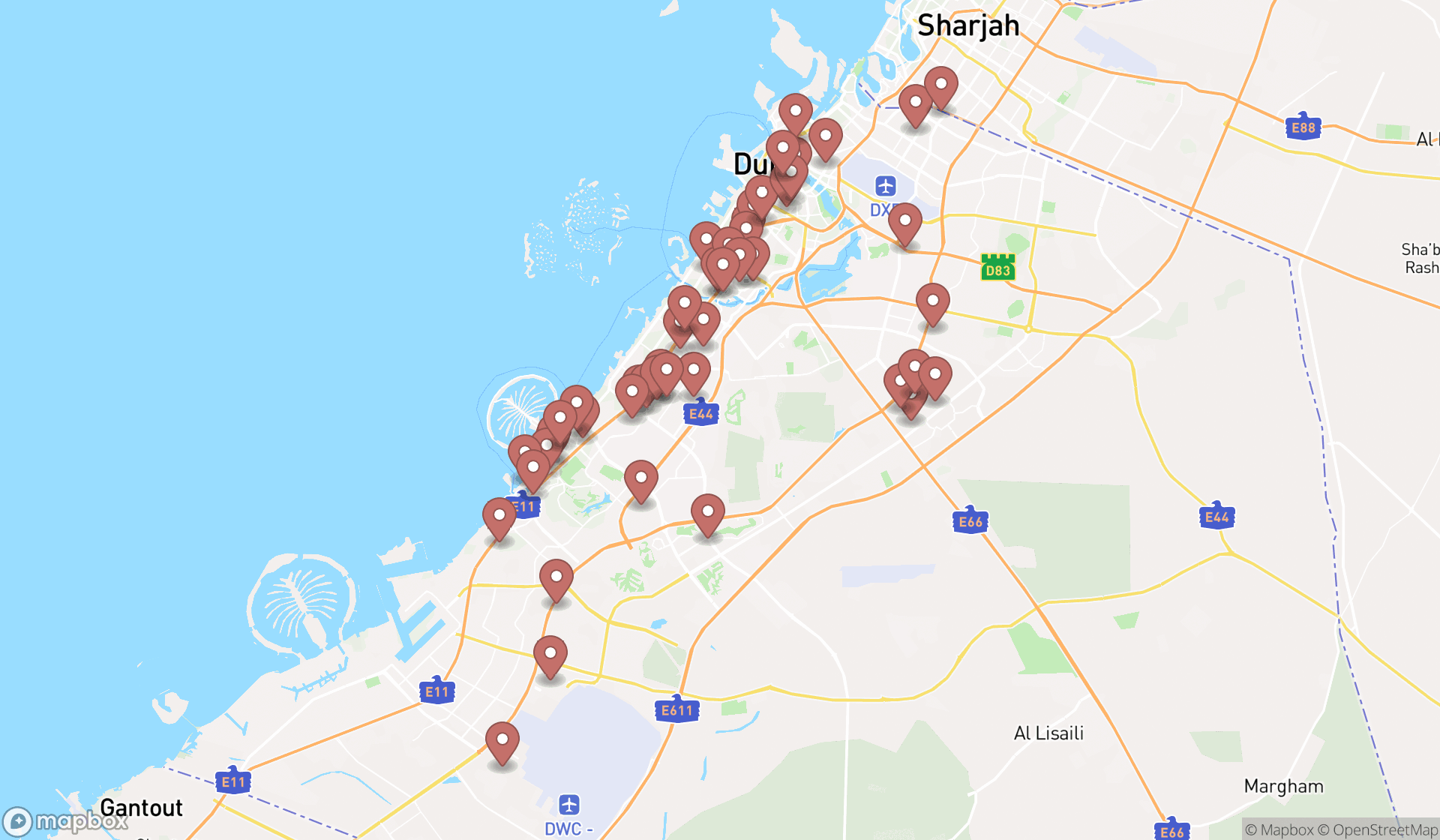Map showing the search results in Dubai