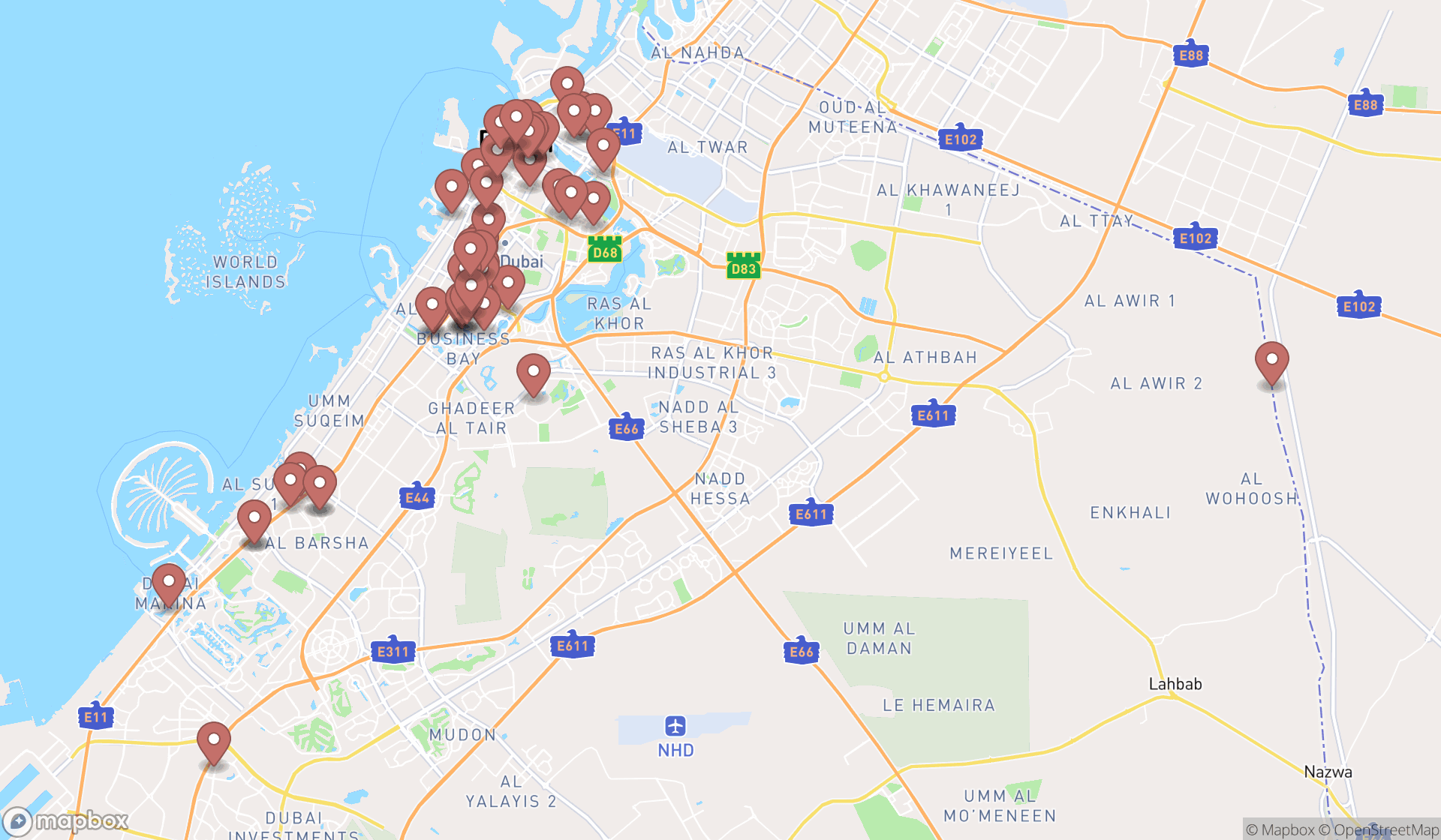Map showing the search results in Dubai
