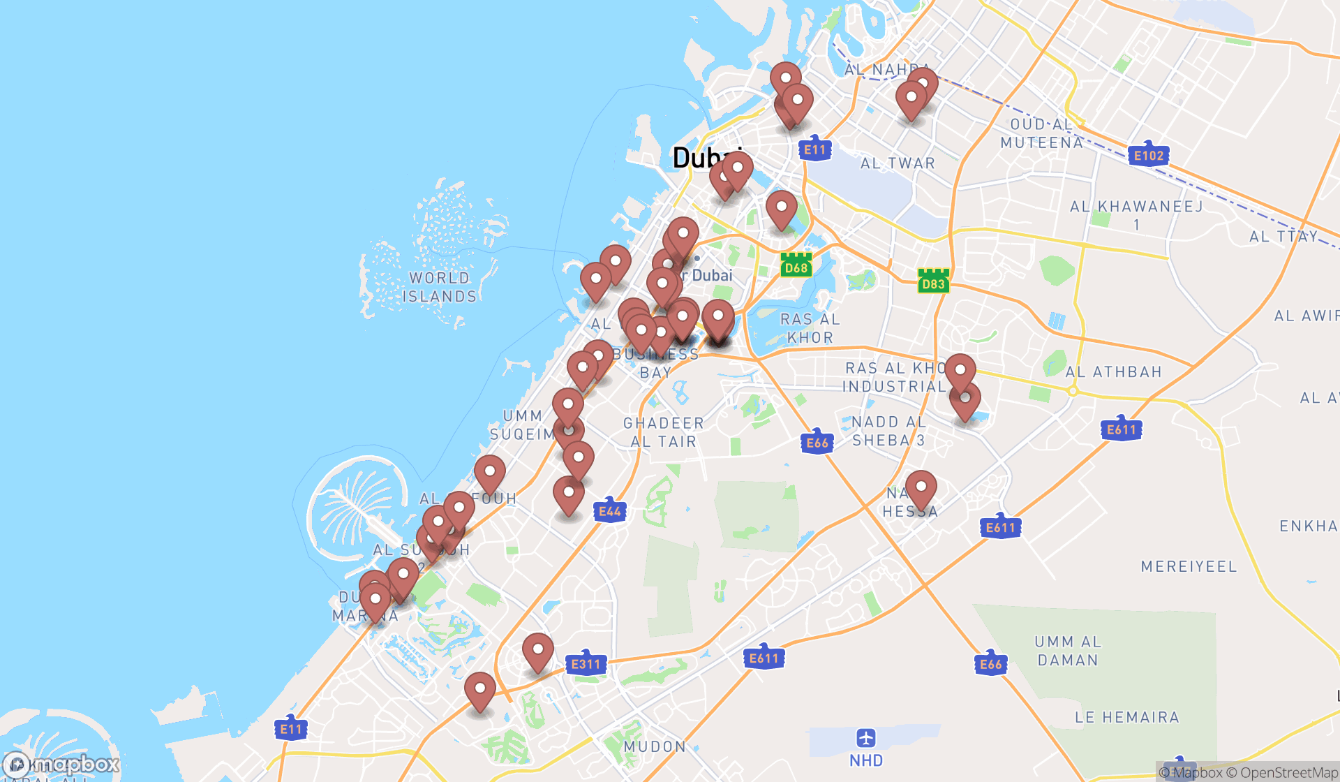 Map showing the search results in Dubai