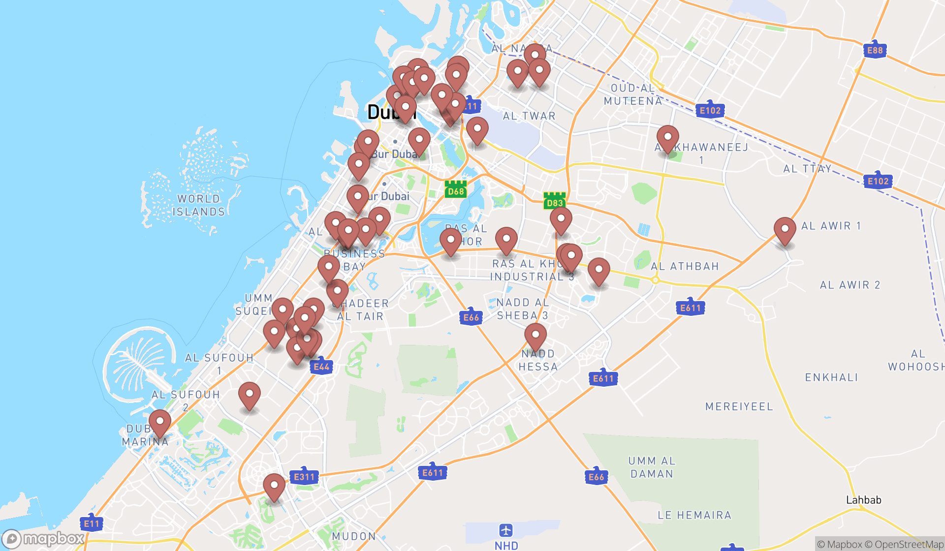 Map showing the search results in Dubai